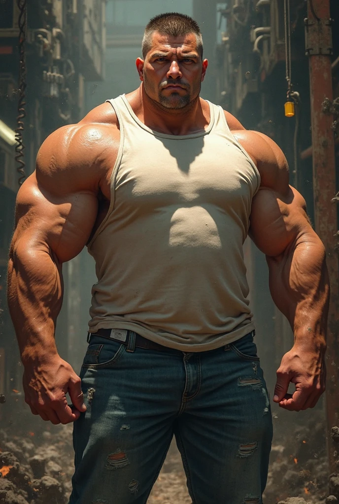 (a man:1.1) A indian Man weared tight gym wetty tank and underwear at construction site((Hight Quality)) (construction site), ((best quality,4k,8k,highres, perfect brown eyes, His perfect( big huge penis) is (coming out) of his pant,masterpieces