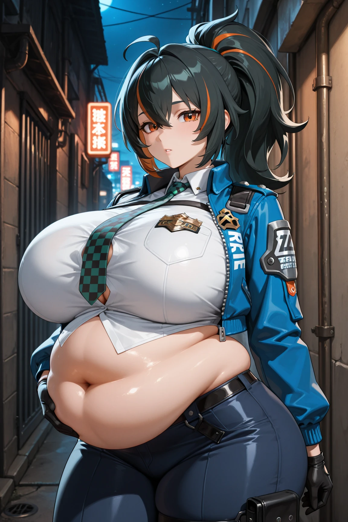 (Perfect body),Best Quality,(8K Portrait),(masuter piece)、(Official art),Police Woman、Police Hat、blush,Sweat,(((large udder)))、((Big ass)) 、(((Navy blue striped bikini)))、(White knee socks)、(Black hair),((bob cuts))、Yellow eyes,((thick thighs))、Adult Woman、(close legs)、((((A smile))))、(((Right-handed salute)))、(((((Left hand on hip)))))、(In the street)、((((Chibi))))、showing teeth