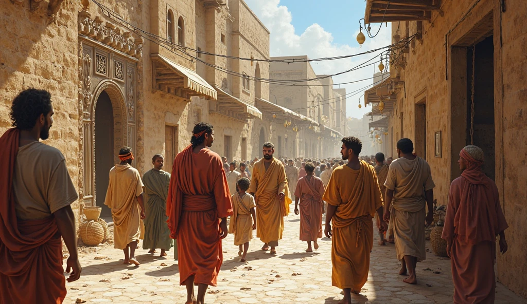 A distressed-looking Hebrew youth is being sold into slavery by his jealous brothers in an ancient market.. The scene takes place in an environment with temples and buildings inspired by biblical architecture., with stone columns, typical clothing of the time, and an arid desert atmosphere. The brothers show expressions of coldness and determination, while merchants watch the negotiation with interest. Ao fundo, you can see caravans and elements that refer to the biblical period, like camels and palm trees.