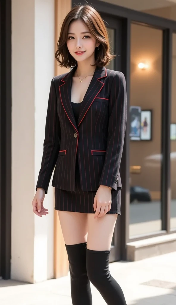 tmasterpiece,super high image quality,真实感,Three-dimensional feeling,physically-based renderingt,8K,Short black shoulder-length hair, skirt suit, (((three-piece suit))), necktie, blazer, (((suit jacket))), (((waistcoat))), double-breasted waistcoat, bodycon miniskirt, pencil skirt, tie clip, pocket square, pocket watch, pantyhose, high heels, makeup, lipstick, Chinese face,Medium height,with a good figure,Dress generously,Back against the wall,stand posture,Front Shooting,fully body photo,ssmile,slightly red face,The background is real,Look at the audience,Well laid out,SLR shooting,