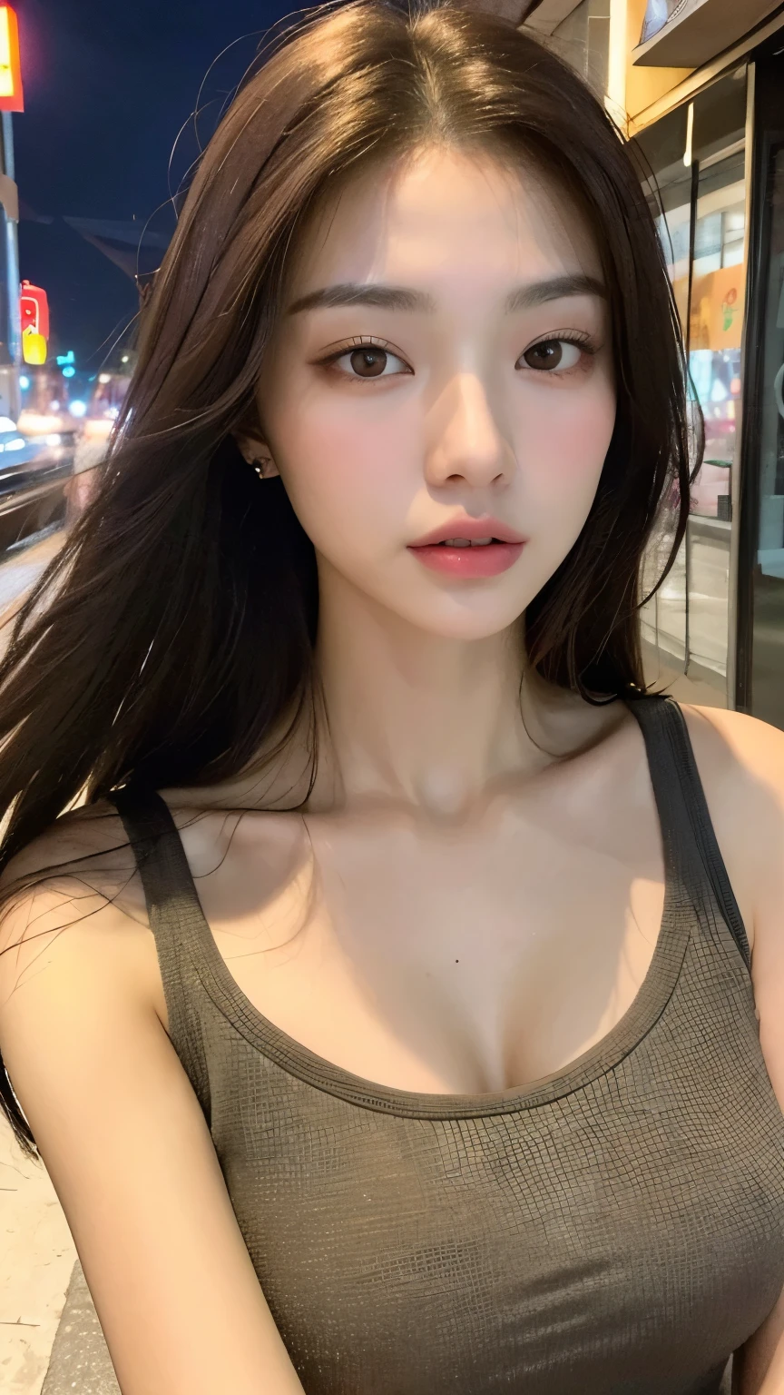 ((best qualtiy, 8K, tmasterpiece:1.3)), Sharp:1.2, perfect figure beautiful woman:1.4, Slim abs:1.2, ((Layered Hair Style, huge tit:1.3,cleavage:1.2)), (A long shirt with transparent wet black buttons：1.1），（Sateen，the street：1.2）,Highly detailed facial and skin texture，A detailed eye，二重まぶた，Look sideways at the camera