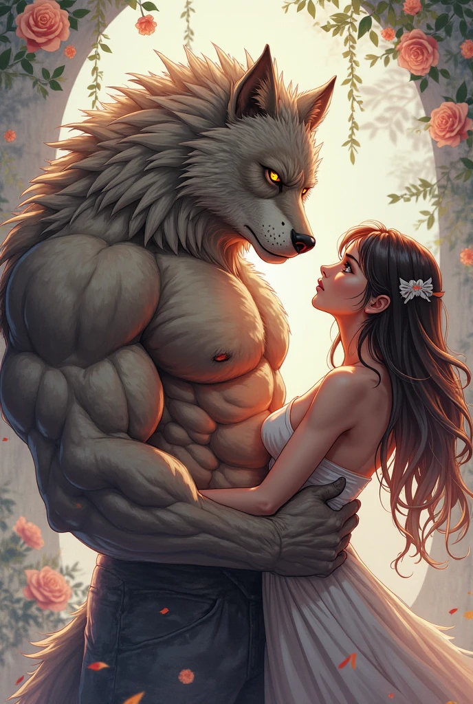 werewolf and woman, cuddling