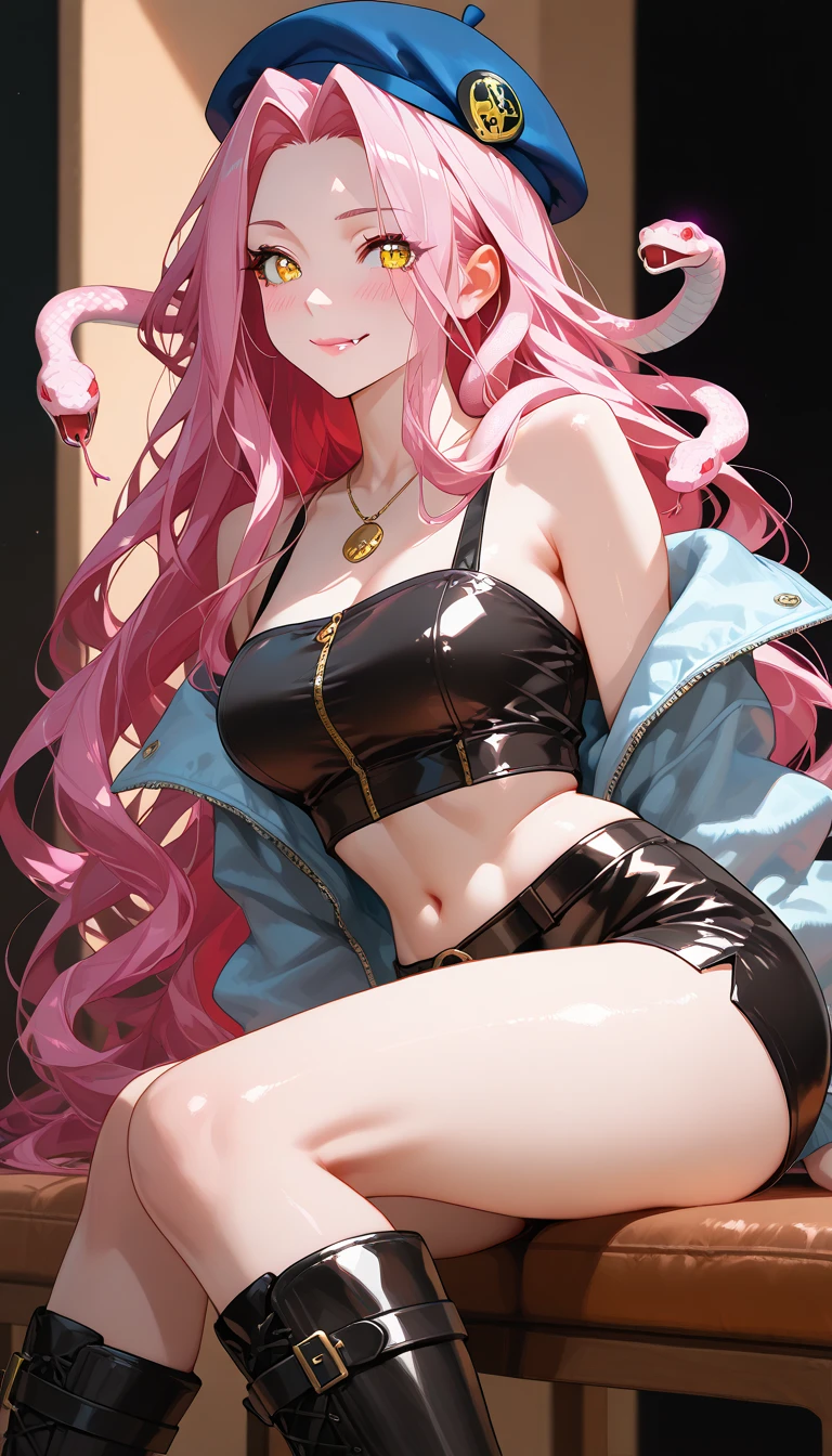 Pink hair, hair down, red eyes, red tight, ((holding up a medicine bottle)), high resolution, close up, bedroom smug expression, mouth open, devuous smile, exposed legs