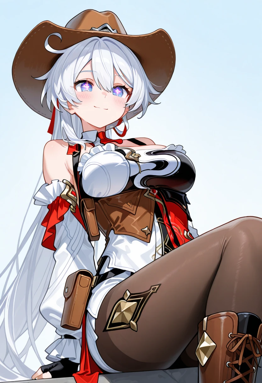 A white haired female cowgirl with copper eyes with an hourglass figure with white fox ears and a white fox tail in a conservative cowgirl outfit is exploring a cave in the wild west with a big smile