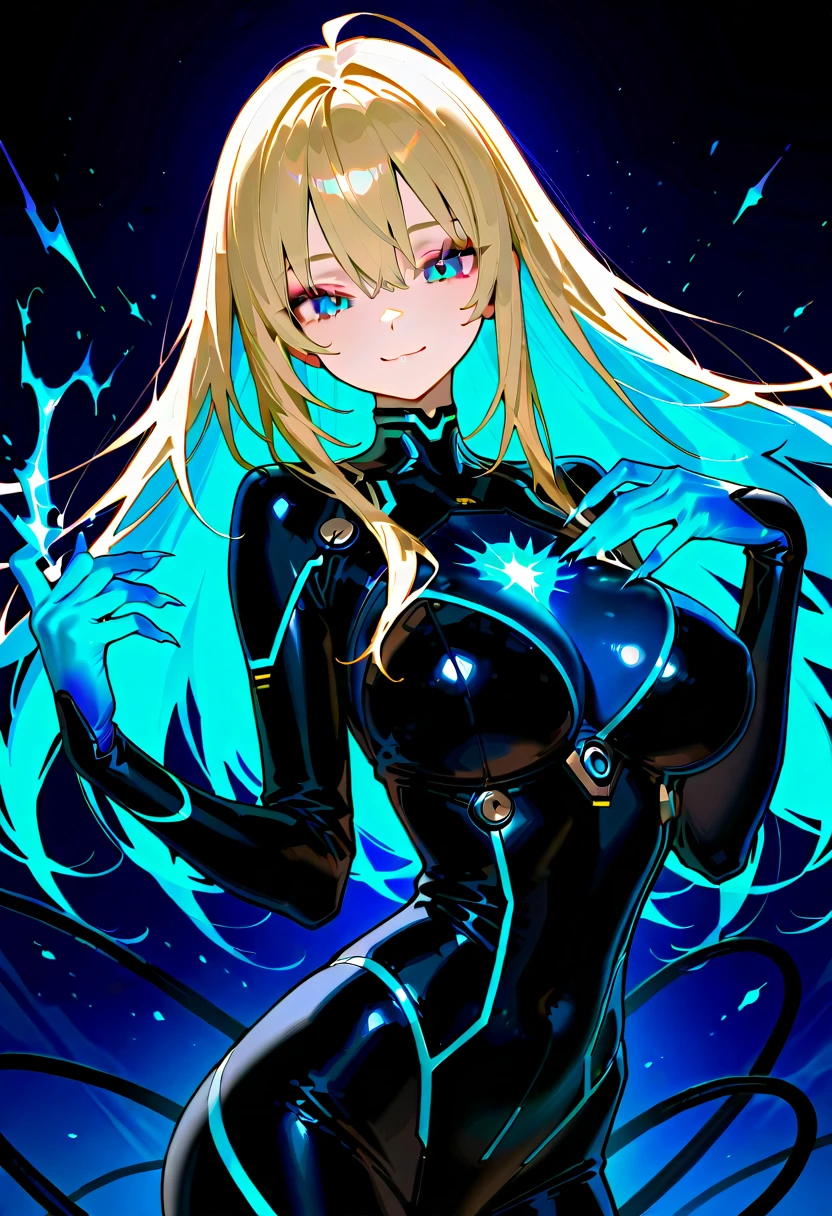A beautiful blonde-haired, blue-eyed 16-year-old female assassin with cosmic powers, intricate detailed face and eyes, long lashes, flawless skin, mysterious expression, sleek black bodysuit, cosmic energy swirling around, dark shadowy background, cinematic lighting, highly detailed, photorealistic, digital art, masterpiece