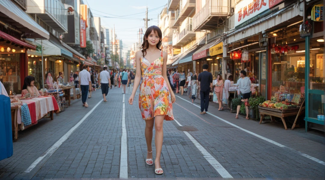 (Full body image:1.5), (haruko, standing, alone:1.2) , (she's wearing yellow long Sunday dress:1.3), (she's walking home the street coming from church:1.3), she has (brown eyes, dark brown a little long hair:1.2), (she's laughing a little, looking at the person walking towards her:1.2), anime style, 16k, best quality, high details, textured skin, UHD, masterpiece, anatomically correct