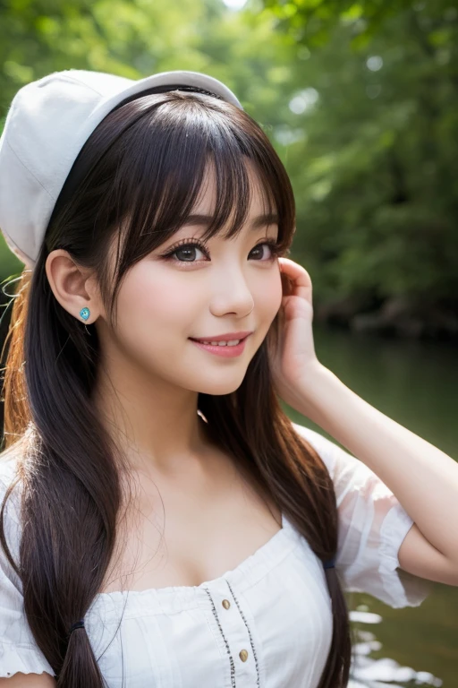 tmasterpiece,best qualtiy,hdr, hyper HD, 8K,Bokeh,Ultra-fine painting,Sharp focus,Physically-based rendering,Extreme detail description, (EOS R8, 50 millimeters, F1.2, 8K, RAW photo:1.2), full bodyshot, looking at viewer, (big breasts:1.3), sexy smile, shag_cut hair, Three_females, 18_years_old, blond hair with dark highlights, short summer dress with high split, cap on head, (kissing:1.2), outside