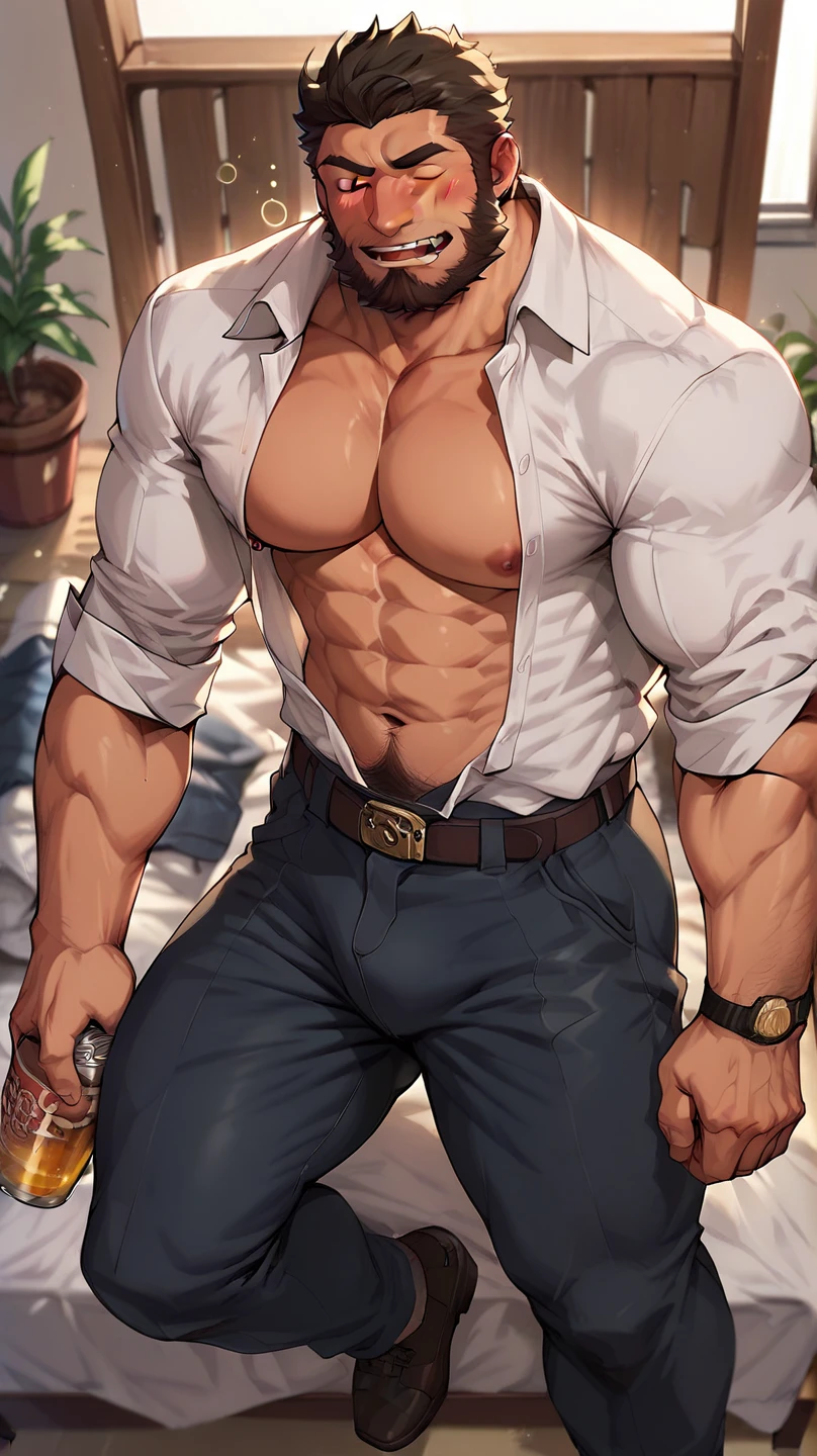 Best Quality, Masterpiece, Ultra High Resolution, (Realisticity: 1.9), Original Photo, 1man, muscular, full body portrait, business room, Movie Lighting , very short hair,sexy tight business clothes,tight business suit, flat chest, parted lips, blue eyes, white hair, solo, (masterpiece:1.4),(best quality:1.4),(shiny skin),realistic, big bulge, evil smile, very masculine, stocky body 