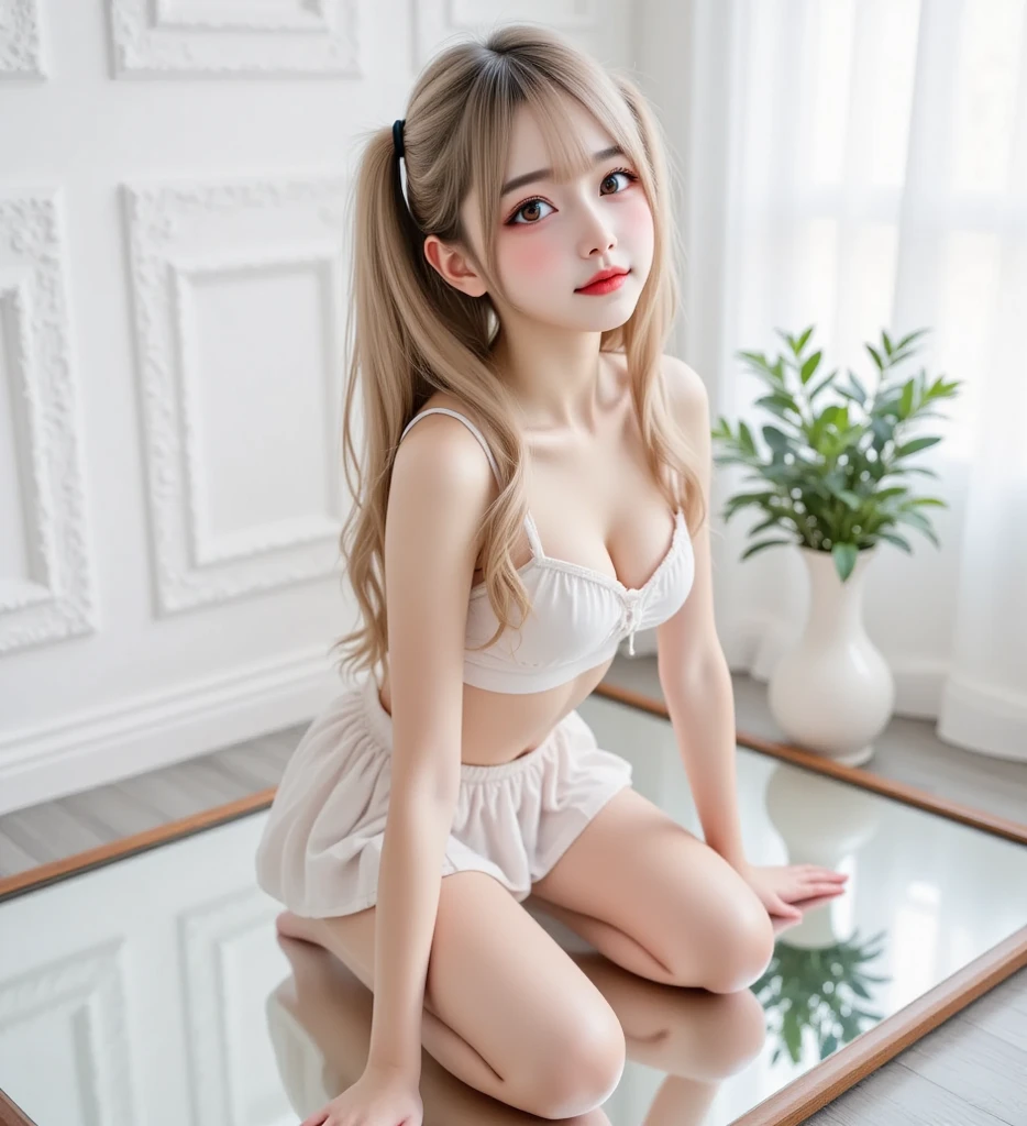(((professional: step by step, considering even the smallest detail, god level final result))): "perfect body, full body, cowboy shot, beautiful, masterpiece, best quality, realistic photo 1girl 22years old, symmetrical face, serval, blonde hair, cat ears, cat tail, very low waisted miniskirt, highres, kemono friends, large breasts, looking at viewer, orange eyes, tail, thighhighs, w arms, white gloves, 30% white shirt, yellow miniskirt, yellow thighhighs, ((50% nude)) "