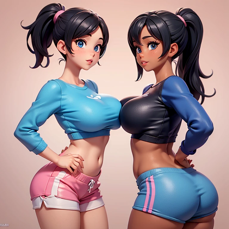(masterpiece, best quality), 1girl, beautiful face, samsung sam, black shirt, short hair, mole under eye, blue yoga pants, (slim thick), curvy body, (skinny), huge boobs