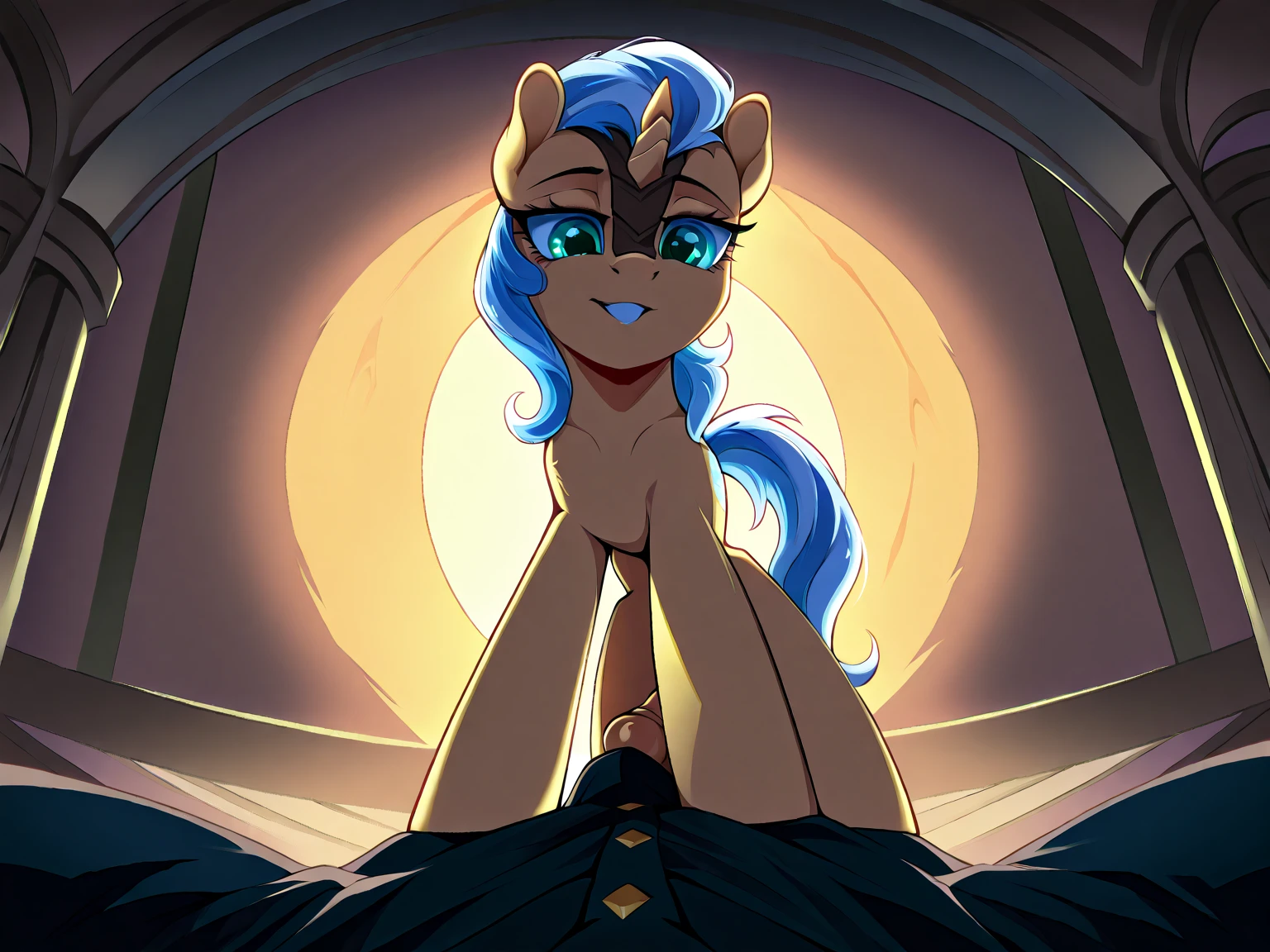 cartoon picture of a blue pony with a big breast sitting on a red couch, smooth blue skin, with blue skin, anthropomorphic mare, pov furry art, fun pose, sfw version, aura of magic around her, sun behind her, moonlight showing injuries, full res, bust shot, [32k hd]^10, bust