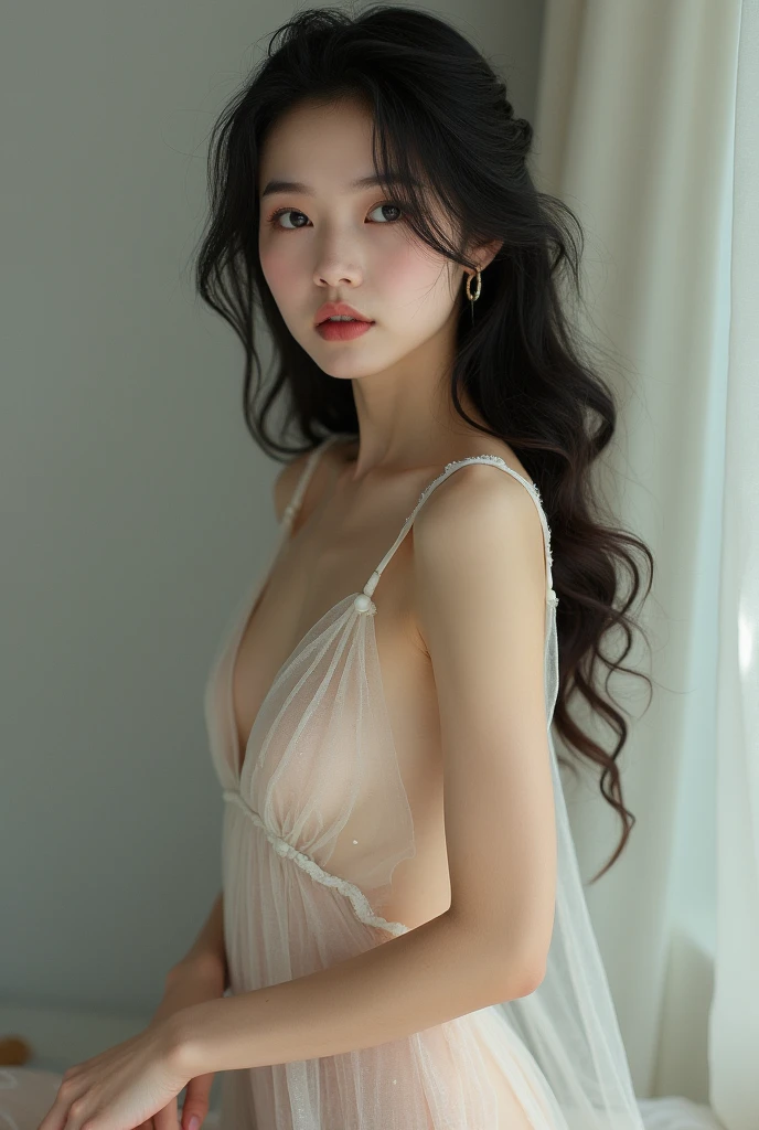 (Highest quality、4K、masterpiece:1.3)、Beautiful woman、1 Girl、sexy:1.1、Dark brown hair:1.1、Highly detailed face、Lip details、Detailed eyes、double eyelid、(Pink nipples are transparent）、(Translucent off-shoulder wet white dress)、(She&#39;s wet)、(A woman taking shelter from the rain in a waiting room in a park)