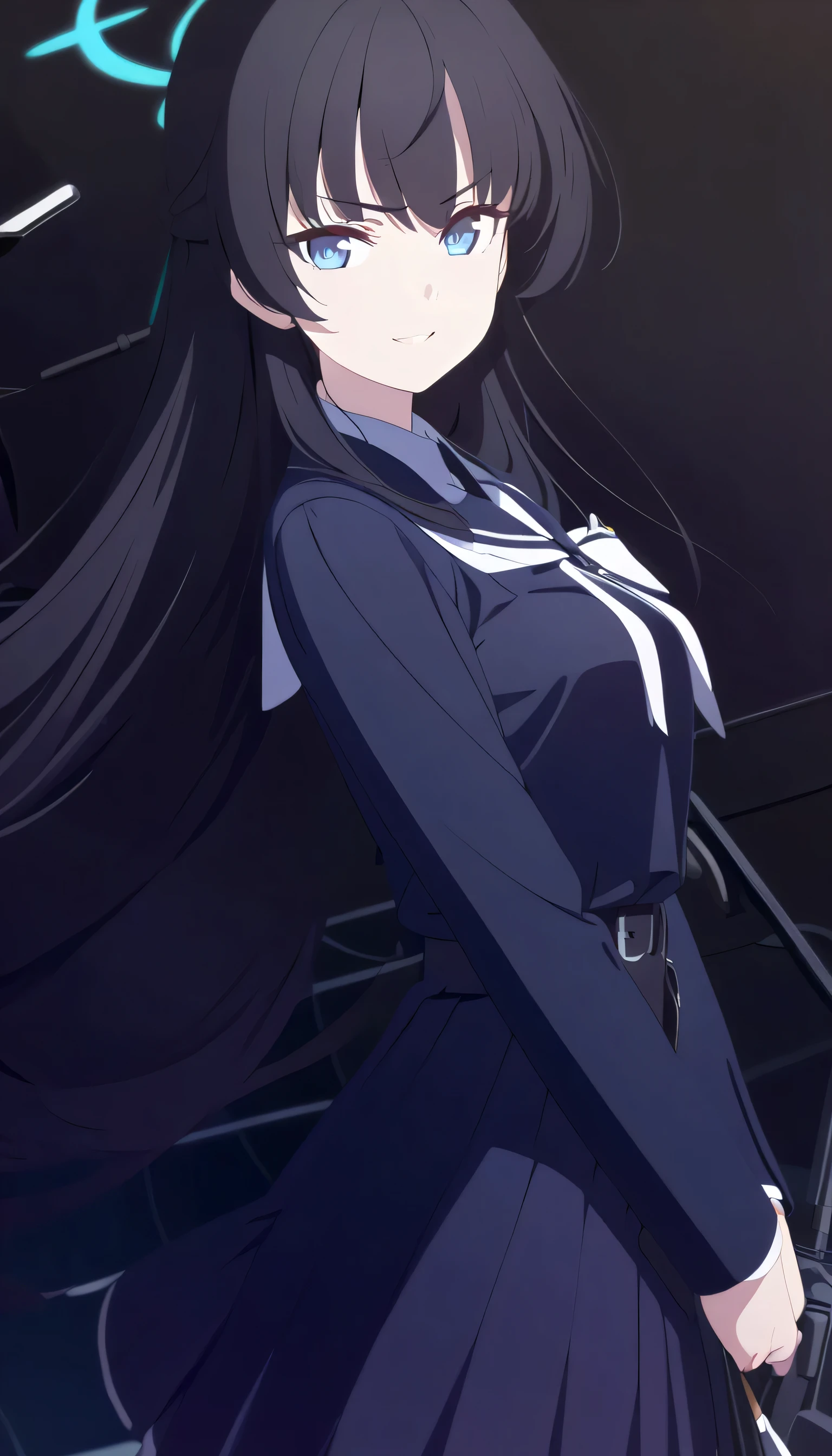 masterpiece, best quality, cg art, solo, 1girl, black hair, long hair, light blue eye, medium breast, dark purple school uniform, standing, looking at viewer, confident, elegant, smile, challenging gaze, pitch black background only