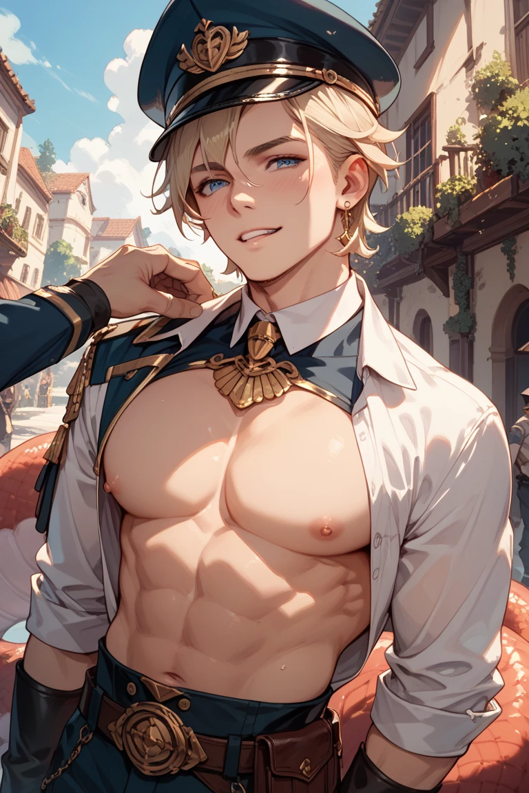 Highest quality、Sexy Baby Lizardman、Skimpy micro underwear、Shota、maleの子、male、Sweat、Embarrassing、Gay、Triumphal Parade、cute、Knee-high socks、frilled choker、Obscene language、Showing tongue、toplesagazine cover style illustration、bow tie、salute、military cap、Get a tip、セクシービキニを着たmale性、Belly button style military uniform、navy