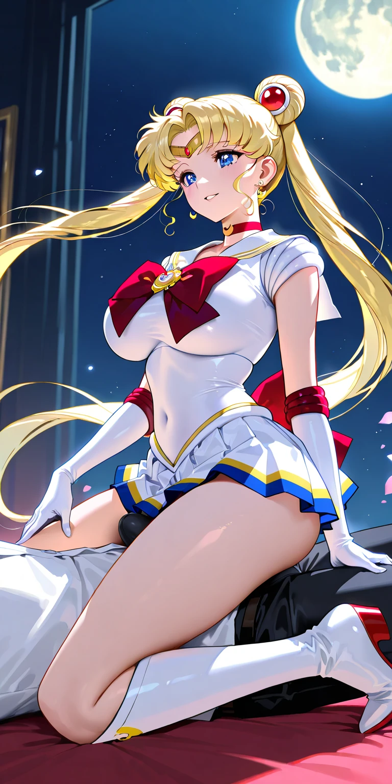 serena tsukino sailor moon, rubia de ojos celestes, dos largas coletas, con un elegante vestido largo de fiesta, en una noche con la luna llena de fondo, en el antiguo grecia, mirada seductora, sonrojada, muy sexy y sensual, aspecto de diosa