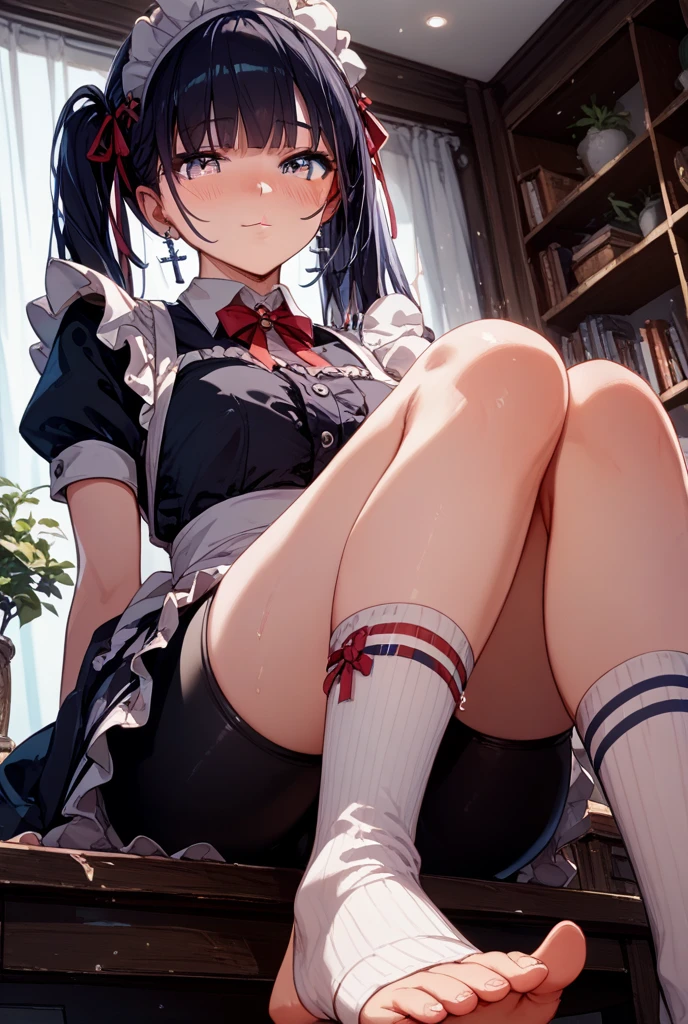In the spotlight,scoAgain_9, Guess face, Wicked Smile, Againm \(Again:zero\), medium bAgainasts, Hair on one eye, White knee socks, From below, Sitting, Crossing your legs, indoor, On the bed, high Againsolution, masterpiece, evaluation_Safety