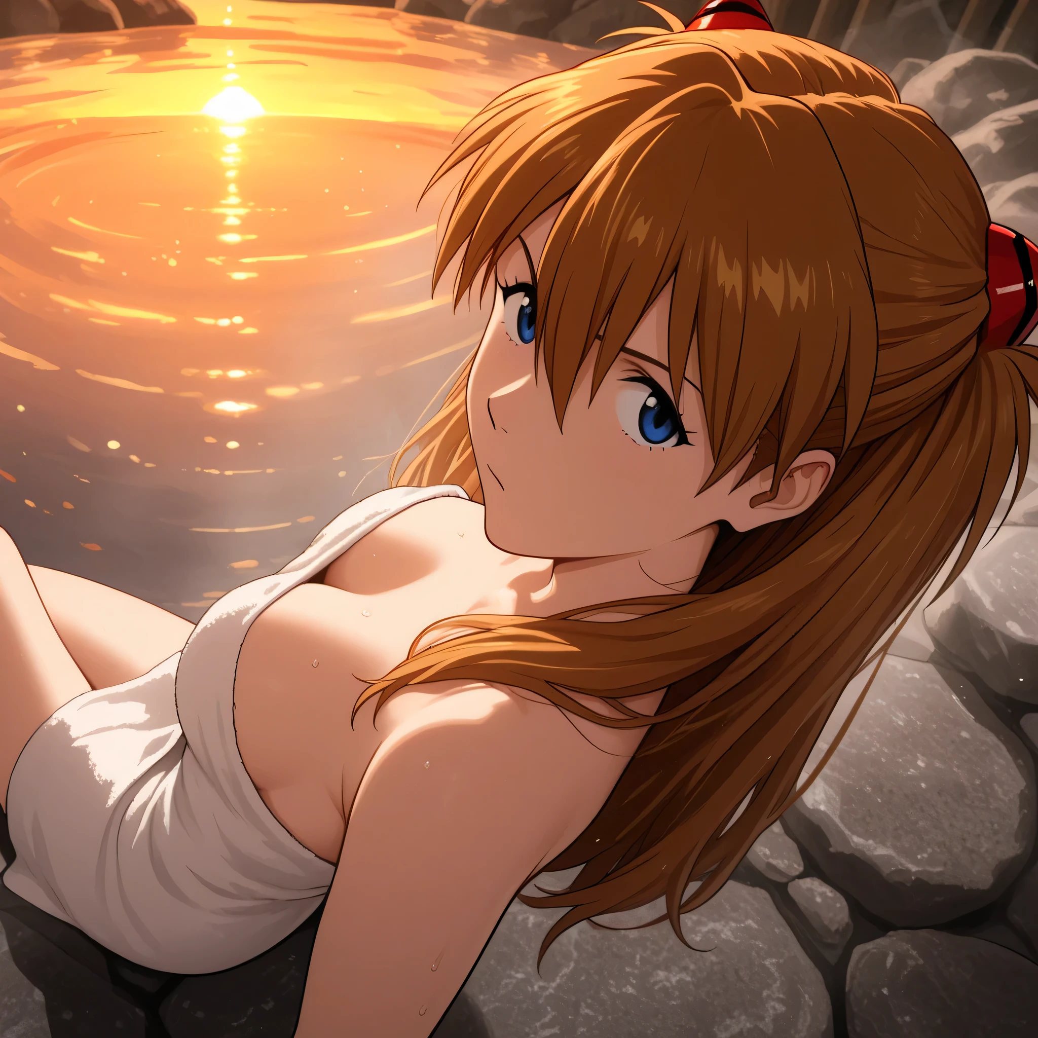 asuka langley, white towel, hot spring, on the hot spring, looking confident, clueless, looking at viewer, dynamic angle, view from above, attractive, masterpiece, best quality, sunset, good lighting