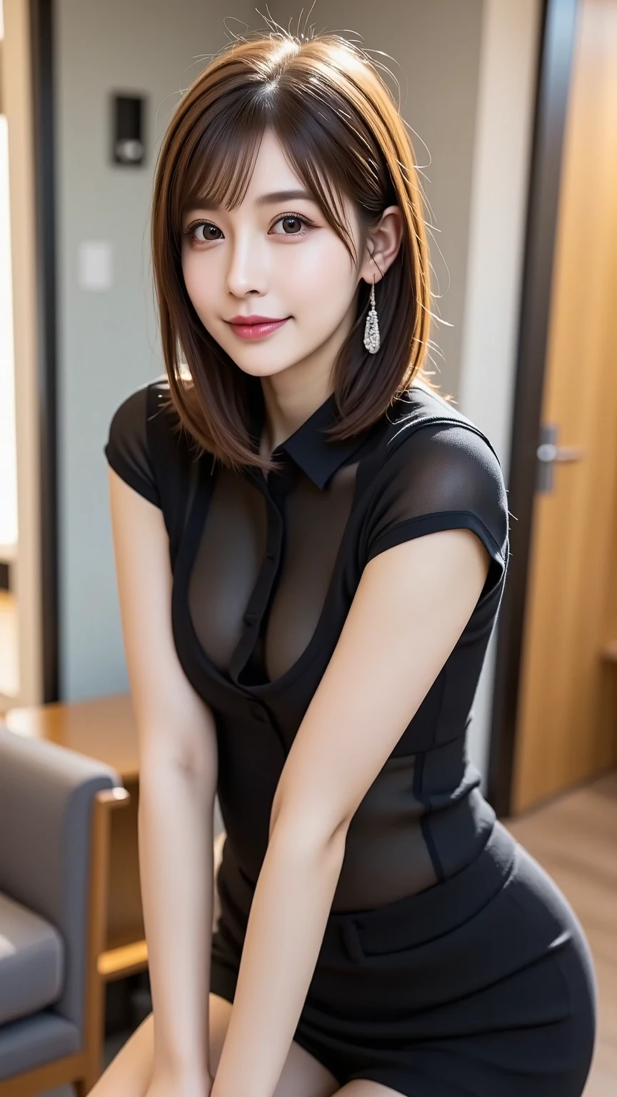 (RAW Photos), (Realistic), (masterpiece), (highest quality), High resolution, 8k, (Intricate details), (Volumetric Light), Portraiture, woman, Age 35, Medium Hair, Straight hair, Mid-chest, Accentuate your cleavage, Layered Hair, Brown Hair, Very beautiful eyes, Source order, Very thin eyebrows, Very fine skin, Very beautiful mouth, Very nice nose, Cute like an idol, smile, (Thick lips), (Looking at the audience), (A see-through black dress shirt with a collar), Above the knee shot,office、Sitting in a chair、