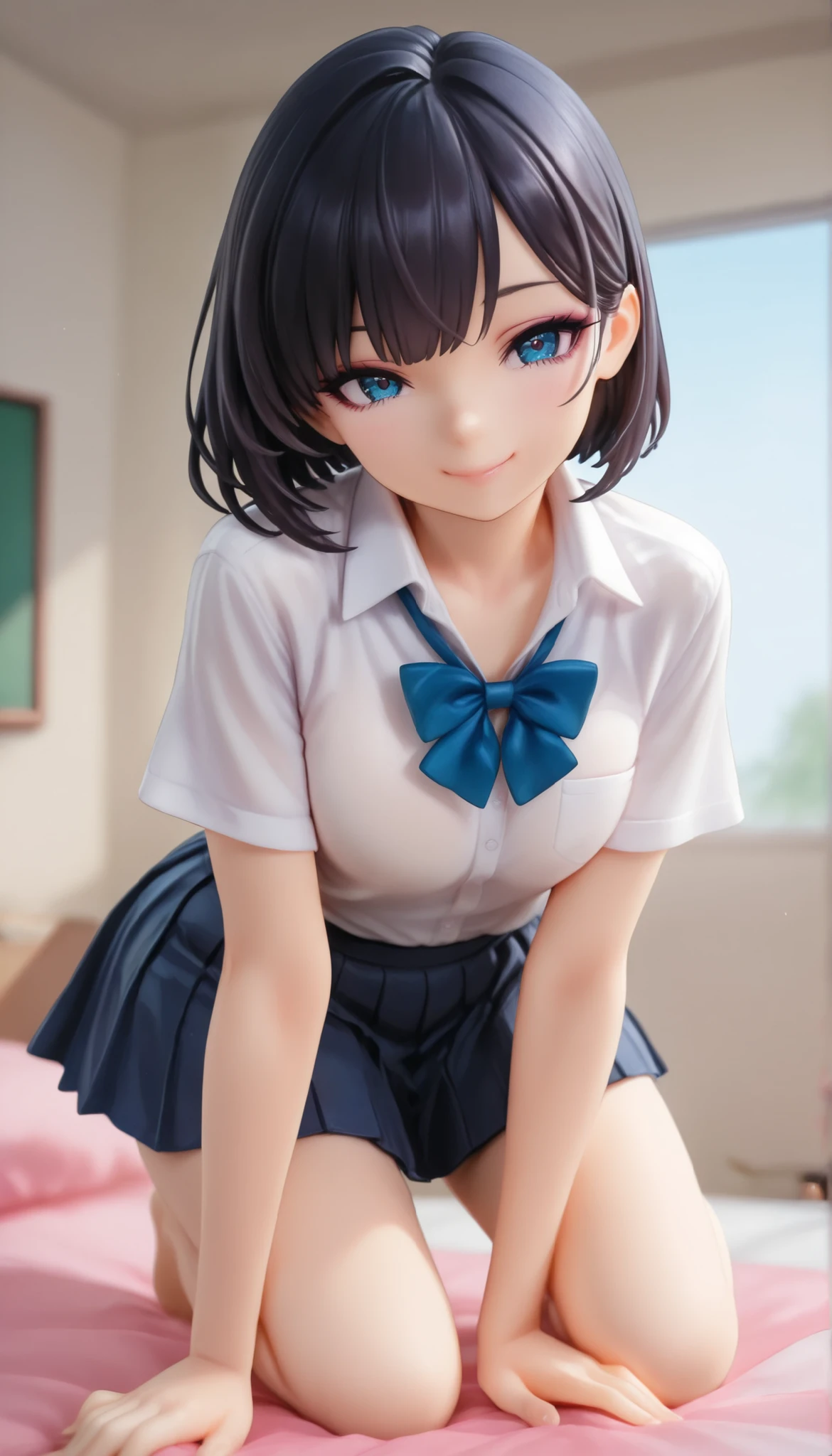 (((masterpiece, highest quality, High resolution, 超High resolution, Perfect Pixel, Depth of written boundary, 4K, RTTX 10.0))), Beautiful Anime Woman, Beautiful art style, Anime characters, ((Smooth texture, Realistic texture, Anime CG Style)), Exact finger count、Exact number of legs、(Exact number of arms:1.0, Exact number of hands:1.0), (Perfect hands, Perfect Anatomy), Cinematic, Realistic, Extremely detailed CG, Daytime lighting, Perfect lighting, Best Shadow, The best natural light, whole body, Perfect body, (Slender body:1.2), whole body, ((bangs, Dark brown hair, Stylish and cute bob cut)), ((A cute woman is sitting and showing off her panties in her hands:1.3)), (Fashionable white shirt, Sailor collar, Knee-high socks, loafers, Navy pleated mini skirt:1.3), ((Sexy and cute panties, (Stylish shiny light blue satin panties:1.2), Small lace panties:1):1.3), (beautiful and very large breasts:1.1), (Beautiful and thin thighs:1.3), Short torso, Feeling embarrassed, (blush:1.2), (Embarrassed expression:1.4), (In the school classroom:1.5), Angle from the front, holding panties, presenting panties