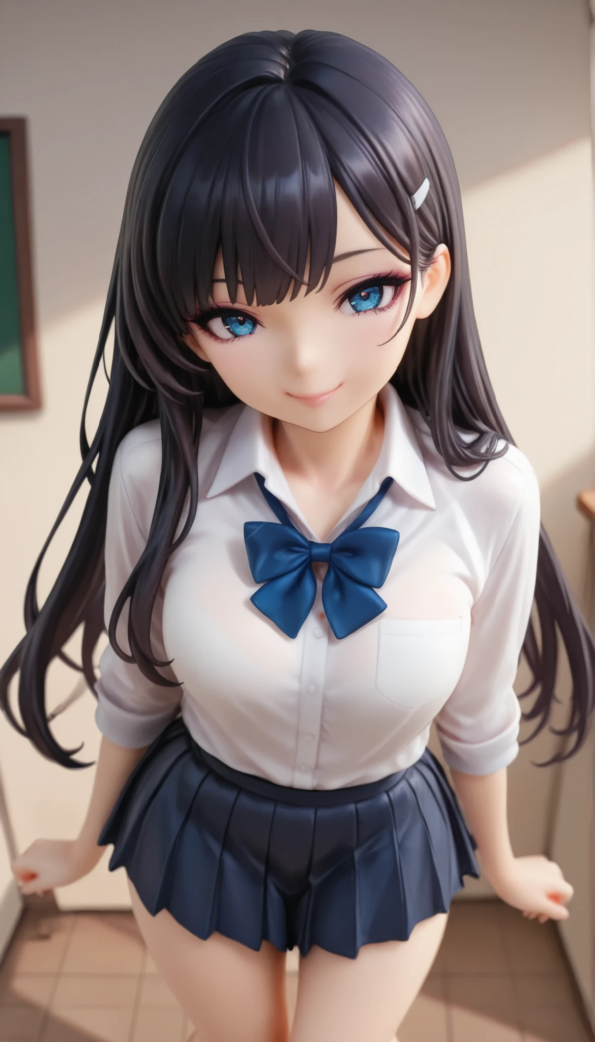 PVC Figure, 1girl, Sexy女性フィギュア, tilt her head, Sexy, upper body, big , Beautiful Eyes, beautiful face, School girl, 18 years old, (Comic Eye), dark haired,Princess Cut, curled eyelashes, (School girl服, shirt, Bowtie), Pleated Mini Skirt, Smile, (love), Full Body Map, solid background:1.2, masterpiece, top quality, amazing quality, very beautiful, very high resolution, Newest, Realistic, super detail, very detailed, nsfw, Explicit