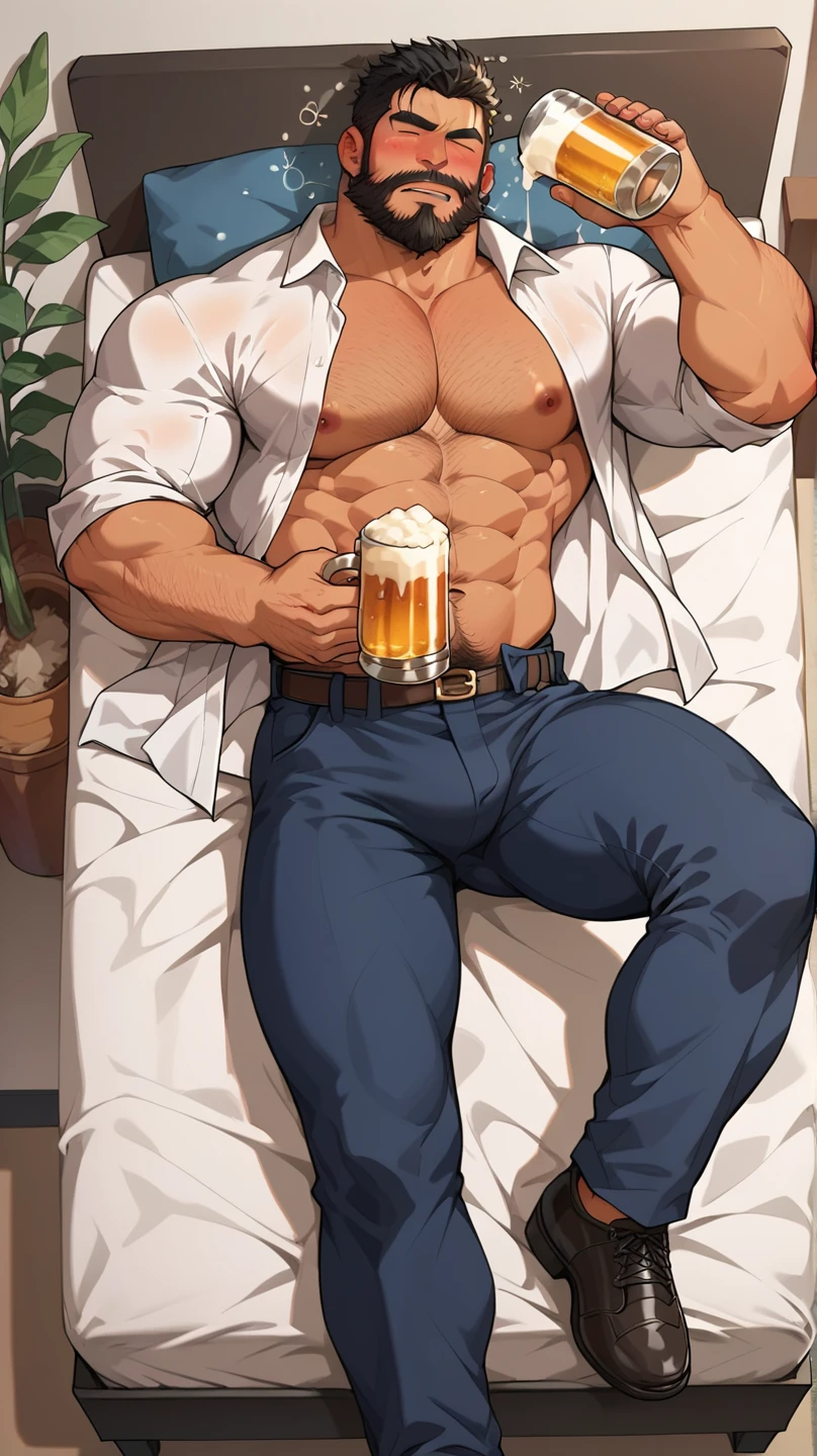 Muscular man is relaxing on his couch drinking a beer. He is alone in black underwear, of which his penis stands out, visible in his underwear. He is sweaty and very muscular. He has hair on his chest and forearms. Large, veiny arms. Veins on his hands. Very stinky armpits. and hairy his big, stinky feet on the table in front of him legs with sweaty hair and black hair