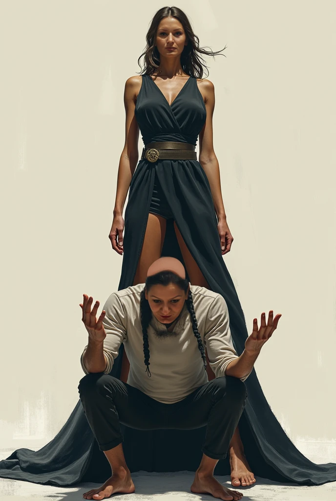 beautiful black woman with locs, wearing balerina outfit, with white man kneeling at her feet. He is on a chain and leash.