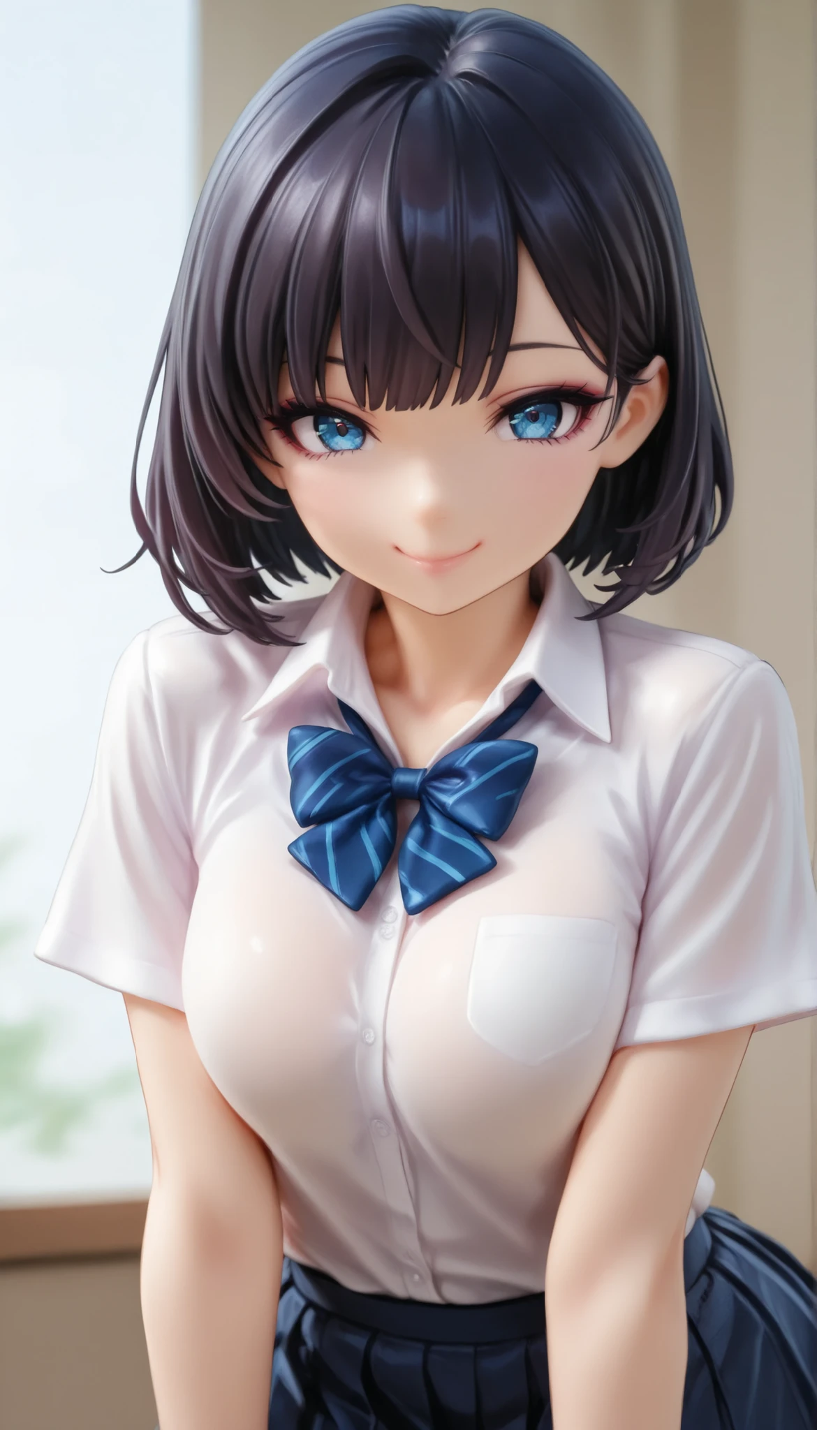 PVC Figure, 1girl, Sexy女性フィギュア, tilt her head, Sexy, upper body, Beautiful Eyes, beautiful face, School girl, 18 years old, (Comic Eye), dark haired,Princess Cut, curled eyelashes, (School girl服, shirt, Bowtie), Pleated Mini Skirt, Smile, (love), solid background:1.2, masterpiece, top quality, amazing quality, very beautiful, very high resolution, Newest, Realistic, super detail, very detailed, nsfw, Explicit