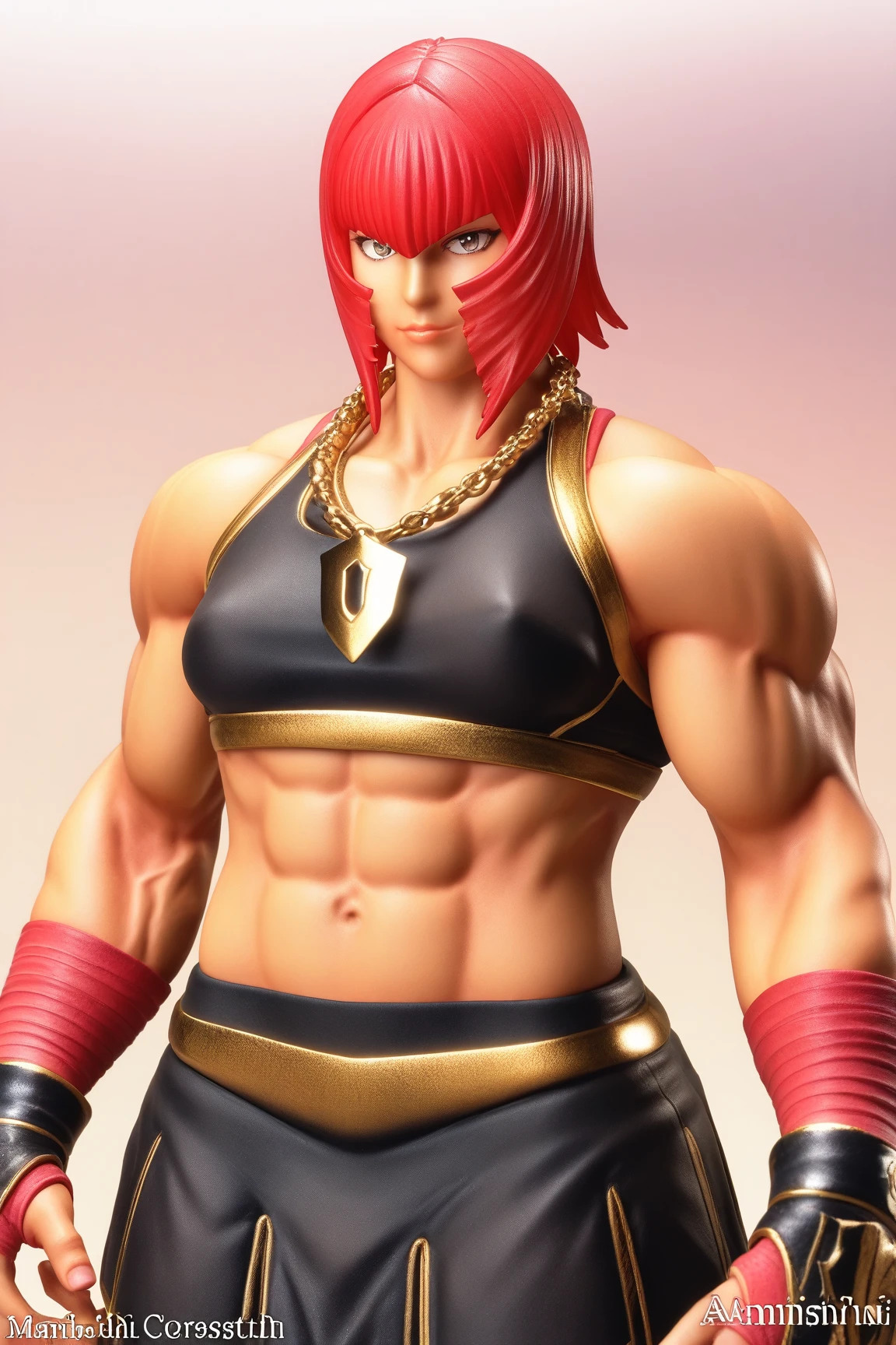 Close-up of a cartoon of a red-haired woman, Fujita Goro!, A very beautiful berserker woman, musculaire!!, Muscular warrior women, muscular character, muscular female druid, Personnage de King of Fighters, Personnage de jeu de combat, Muscular ultraviolent woman, musculaire!, Solide et imposant, Angry muscular army general, Une musculature