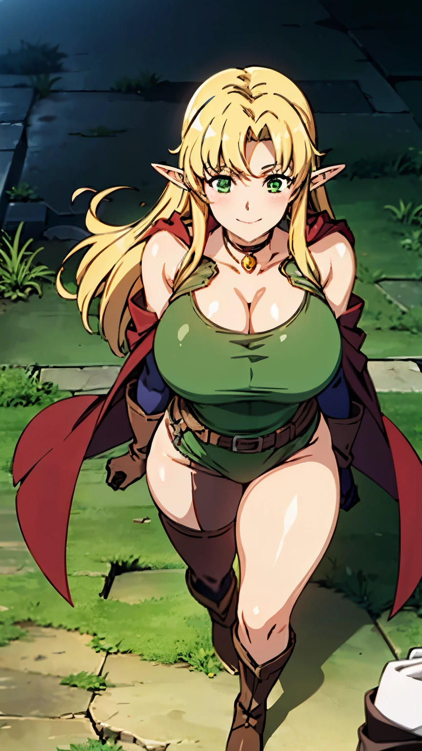 high resolution, Estilo Takeda Hiromitsu, a cartoon of a woman in a green dress and a dagger in one hand, alluring elf princess knight, elf girl, elf princess knight, elf queen, an elf queen, oppai, (((MAD))) elf princess, elf queen nissa genesis mage, palutena lady, A very beautiful Berserker woman, Thick, covered breasts and sfw,