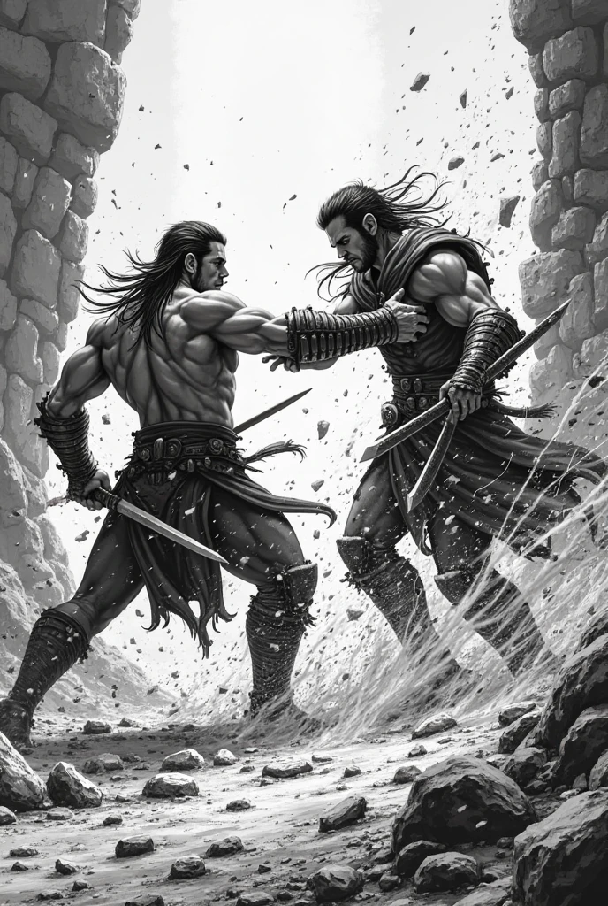 A muscular man with a beard and long black hair, angry, has black gloves, a stretched lion skin, an ax in his hand, he is angry, it is raining and storming, and a broken rope is behind him, a muscular man with a grim pose, a beautiful and fierce face, like a villain His eyes are red, high quality, masterpiece --auto