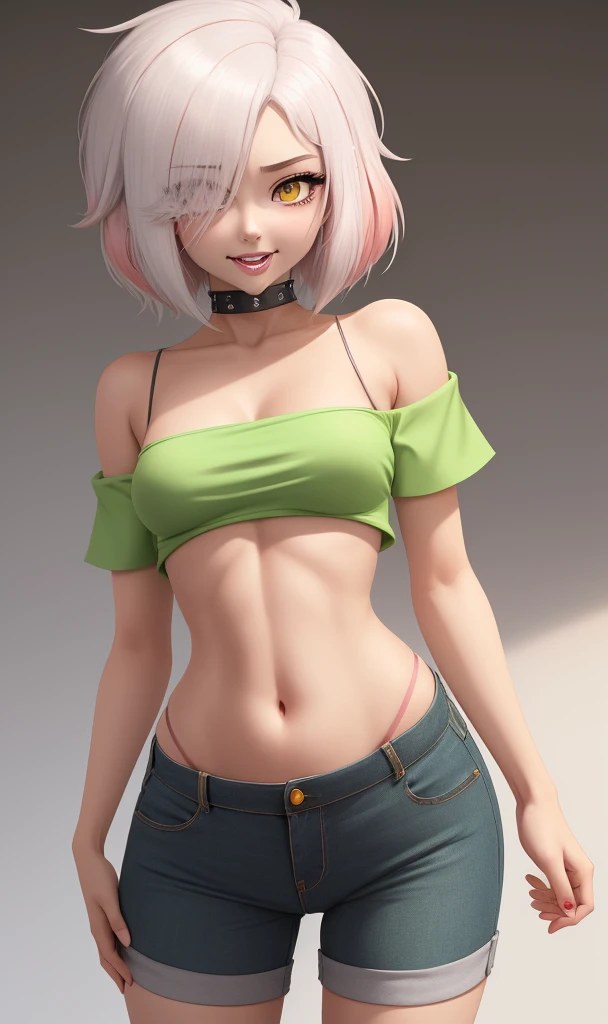 best quality, 32k, RAW photo, incredibly absurdres, extremely detailed, delicate texture, beautiful woman, slender, thin flat body line, pink glossy messy short pixie cut, abs, crop tank top, fitness shorts
