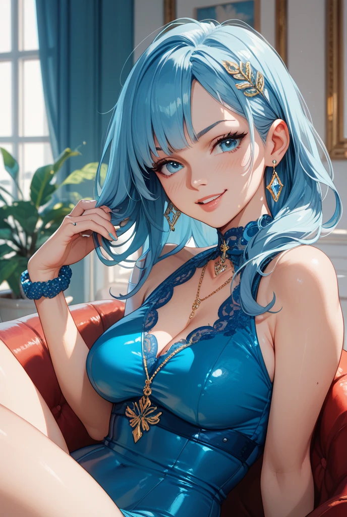 ((tmasterpiece,best qualtiy)), st louis\(Luxury wheels\) \(azur lane\), A high resolution, HighestQuali, illustratio, cinematric light, ultra - detailed, 详细的脸, (Detailed eyes), Best quality at best, ultra - detailed, tmasterpiece, (详细的脸),big cleavage breasts, hair adornments, 耳Nipple Ring, choker necklace, sportrait,, Professional suit lining, highest details, glowing light eyes, (Hotel:1.2), sit on a bed, sitted, Beds, janelas, nigh sky, The light from the back window is backlighted, llight rays, (hight contrast), (a color),barechested