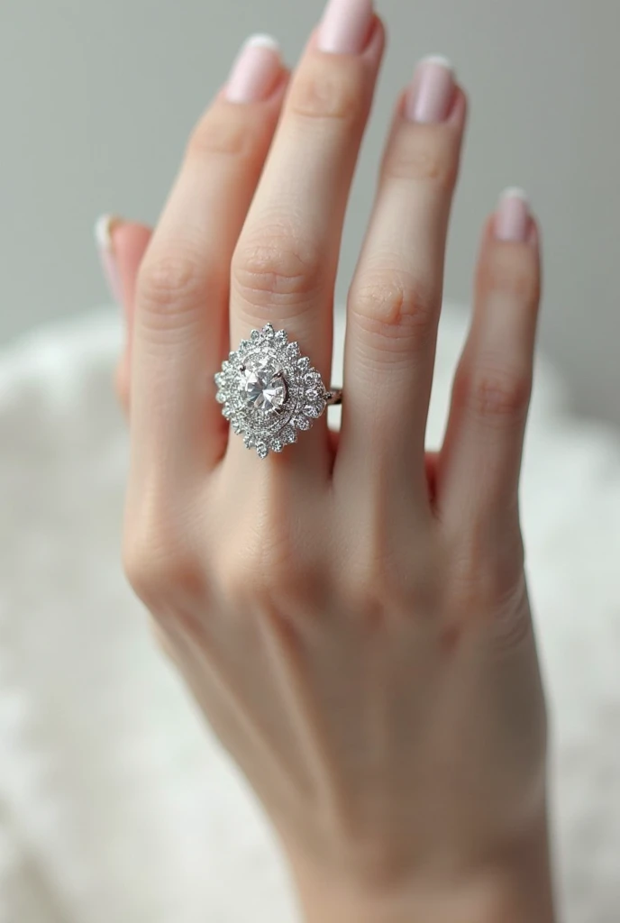 The oval rose cut diamond center stone is surrounded by an art deco halo of pave and trapezoid diamonds set on a rose gold band with additional pave stones. This thoughtfully curated design can match both romantic and modern art deco styles