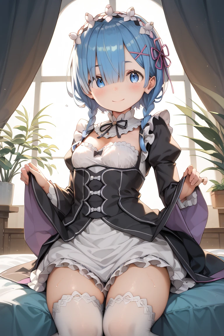 blue hairs、Remu\(re:Zero\), [a smile], red blush, borgar,, ​masterpiece, top-quality, Perfect litthing, 1girl in, skirt by the, middlebreast,、no panties,pussy juice,(dildo in the vagina),(pussy juice)、red blush、Teary-eyed、Solo、dildo in the vagina,(dildo in the vagina)、(chains)、(SM with chain)、(Restraint of SM play)、(SM Play)、