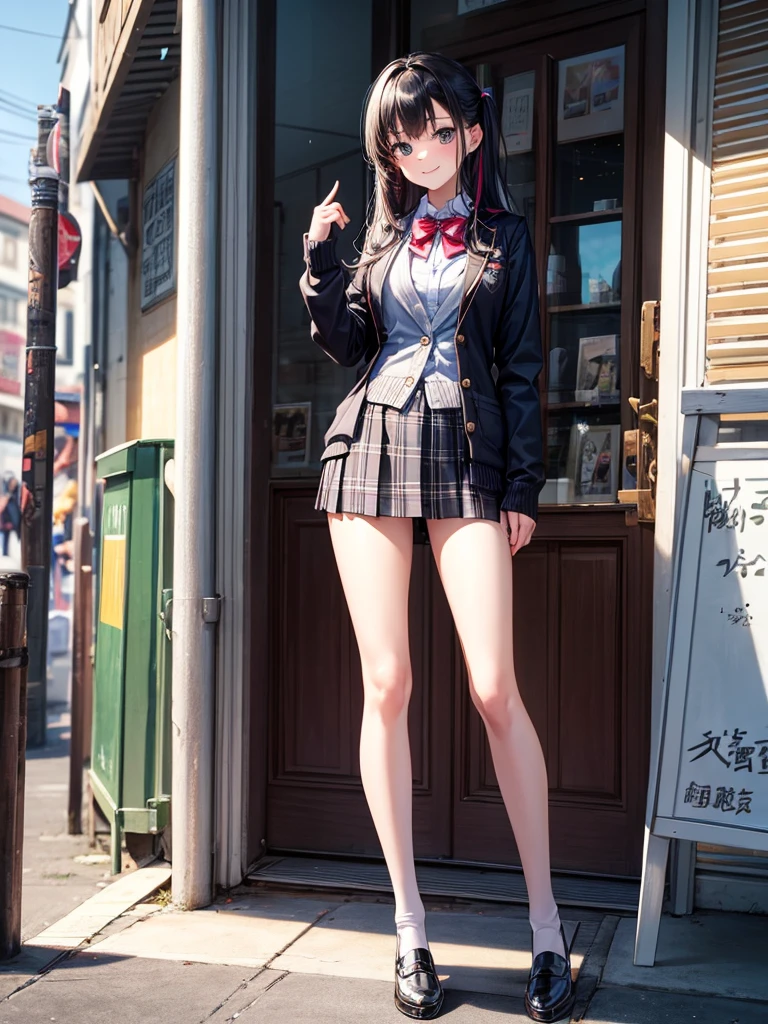 (((masterpiece, Highest quality, High resolution, 超High resolution, Perfect Pixel, Depth of written boundary, 4K, RTTX 10.0))), Beautiful Anime Woman, Beautiful art style, Anime characters, ((Smooth texture, Realistic texture, Anime CG Style)), Exact finger count、Exact number of legs、(Exact number of arms:1.0, Exact number of hands:1.0), (Perfect hands, Perfect Anatomy), Cinematic, Realistic, Extremely detailed CG, Daytime lighting, Perfect lighting, Best Shadow, The best natural light, whole body, Perfect body, Slender body, ((bangs, Dark reddish brown hair, Stylish and cute half-up hairstyle), Long Hair), (Detailed face, Cute Face), (An adult woman is walking while lifting her skirt with her hands.:1.7), (Stylish blazer, Bow tie on collar, Checkered pleated mini skirt, Navy blue knee socks, loafers:1.3)、Angle from the front, ((Sexy and cute light purple panties:1.3), (Glossy satin panties, Side-tie panties, Lace panties:1.3), (Light purple panties:1.3)), (Beautiful big boobs:0.95), (Beautiful and thin thighs:1.3), Feeling embarrassed, (blush:1.2), (Very embarrassed look:1.6), (City hustle and bustle, Buildings on the background, Sidewalk, Intersection in the background, Akihabara-like streetscape, Many people dressed in clothes in the background々:1.4)
