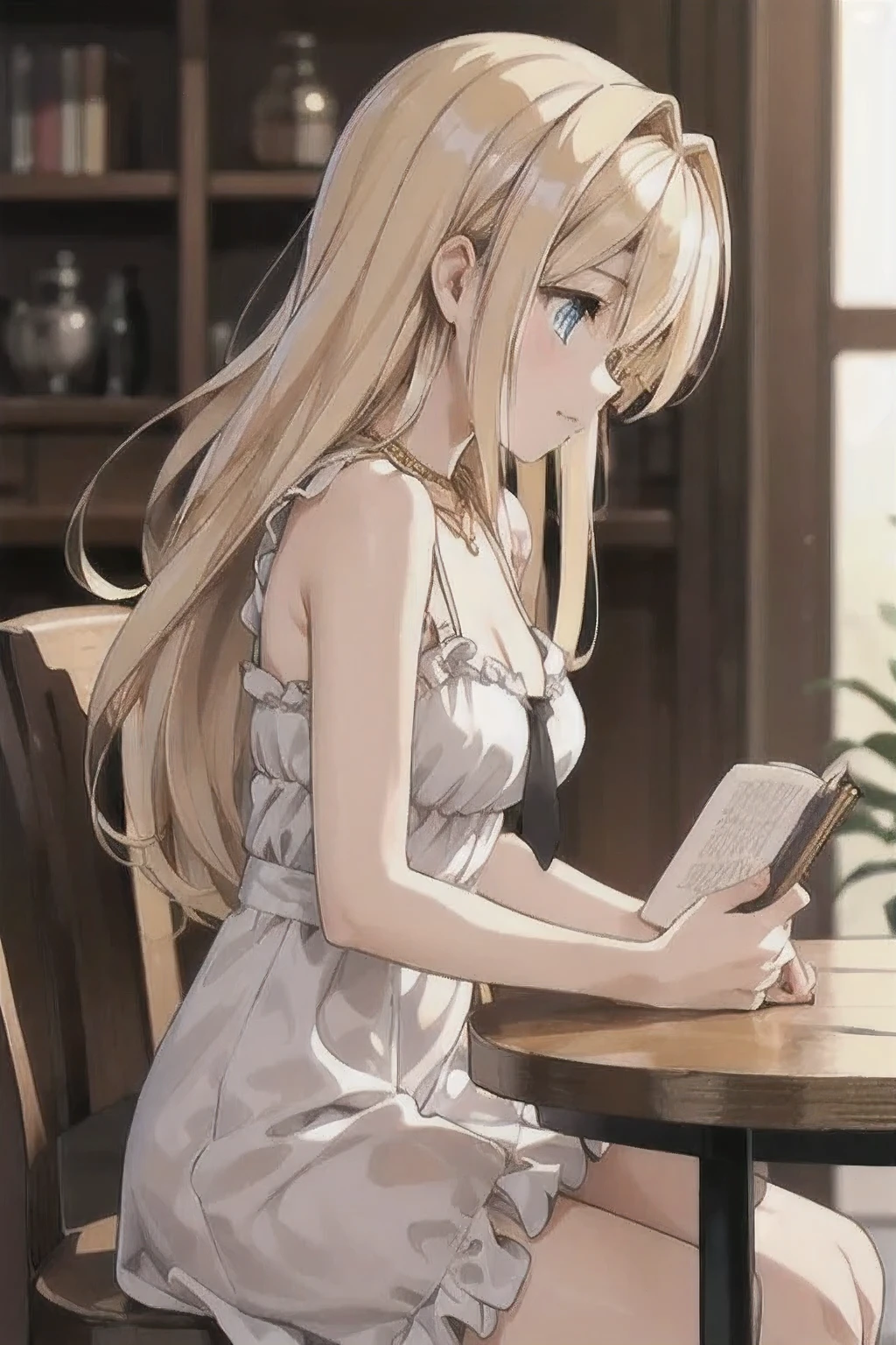 (masterpiece), (ultra quality), 1girl, solo, (cute girl), ((18years old girl)), (golden blonde hair:1.5), (long hair), bang, (blue eyes), (medium large breasts:1.2), fair skin, wearing white sundress with (black string tie) flowing to her knee, modest neckline with a soft scoop, fine silver necklace, fluffy lace trim at the hem, sitting in a coffee shop, a book on the table, (long shot, side view)