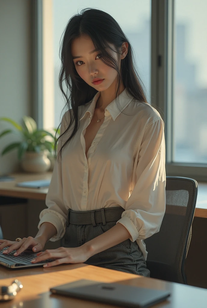 1girl,sitting on a cozy couch,crossing legs,soft light, (masterpiece:1.3), (8k, photorealistic, RAW photo, best quality: 1.4), (1girl), beautiful face, (realistic face), (black hair, medium length hair:1.3), sexy Tokyo secretary, realistic eyes, beautiful detailed eyes, (secretary), beautiful skin, (white button up), tits, attractive, ultra high res, ultra realistic, highly detailed, golden ratio, office