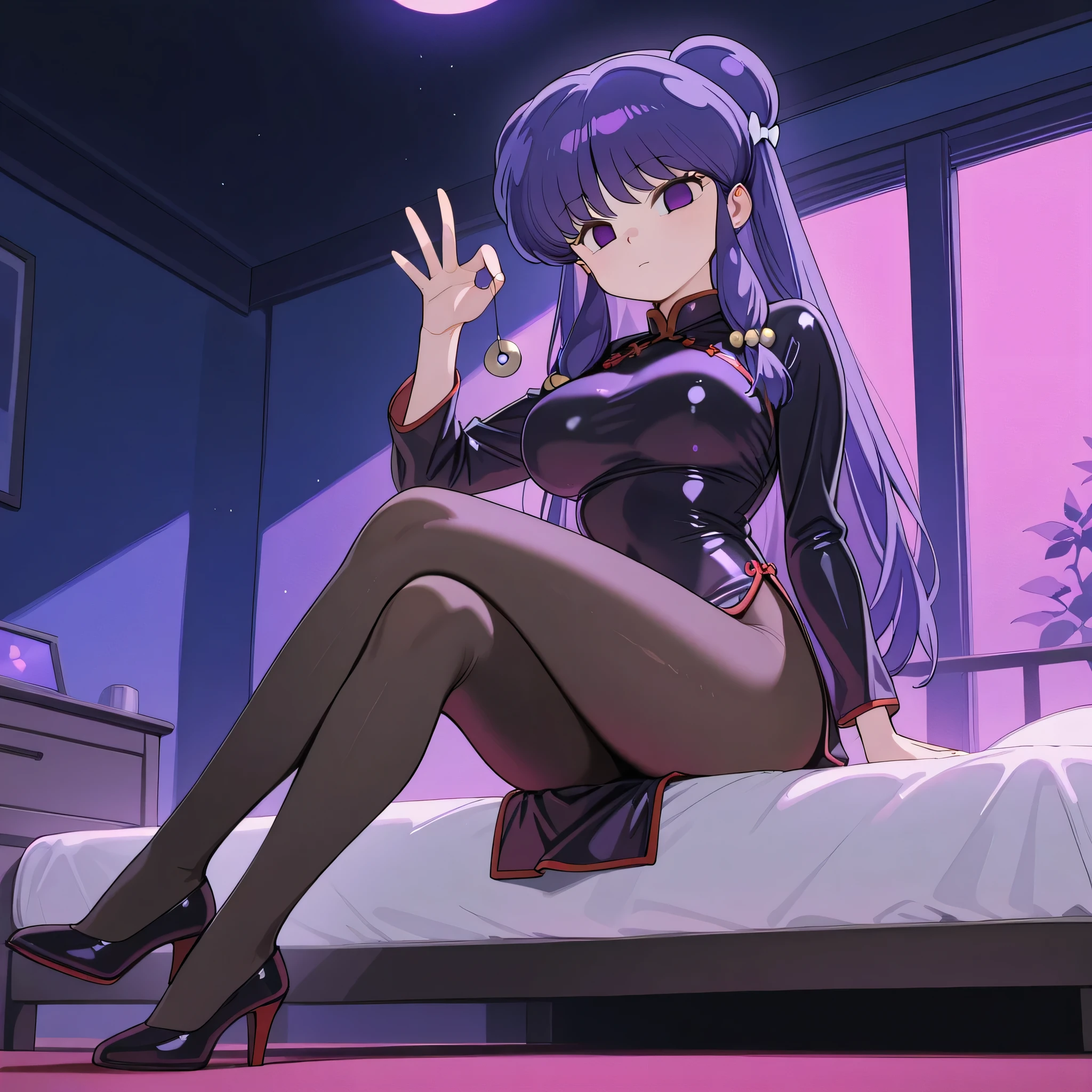 score_9, score_8_up, score_7_up, 1girl, solo, (top quality, 8k), high resolution, smooth, best quality, highly detailed, looking at viewer, in a dark bedroom, purple light, (dark room), large breasts, glowing hypnotic waves in the background, at night, ((perfect hands)), beautiful hands, ((slim fingers)), expressionless, masterpiece, high quality, absurd resolution, beautiful hands, arm raised up, holding pendulum, hypnotizing viewer, smiling, blush, smiling, hypnotic eyes, glowing purple eyes, empty eyes, latex Chinese dress, black latex, tight bodysuit, impossible clothing, tit curtain, black pantyhose, perky breasts, high heels, being hypnotized, full body shot, sitting in bed, begging forward, holding pendulum, jewelry, earrings, Shampoo, Ranma 1/2, purple hair, very long hair, hair bun, very thin legs, long legs, sitting in bed, crossed legs, black pantyhose, looking down