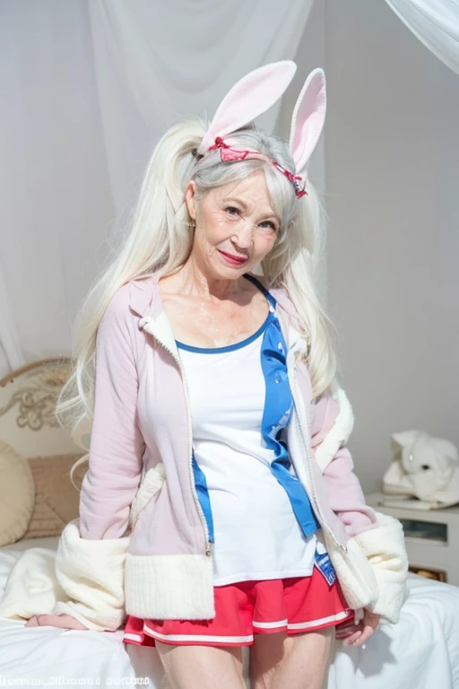 Beautiful elderly woman, Full body image,cute,sexy,80 years old,,sexy, {Purple Playboy Bunny, Bustier, Fishnet tights, A bow tie, Bunny ears:1.3},Red lipstick, old woman,Big Breasts,