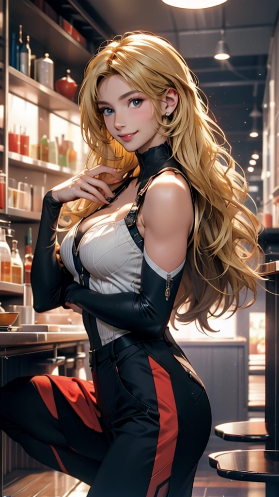 official art, unity 8k wallpaper, ultra detailed, beautiful and aesthetic, beautiful, masterpiece, best quality, 1girl, selling fruits from in a market, blonde, bare shoulders, detailed blue eyes, smile, robot arms, cyberpunk, depth of field,