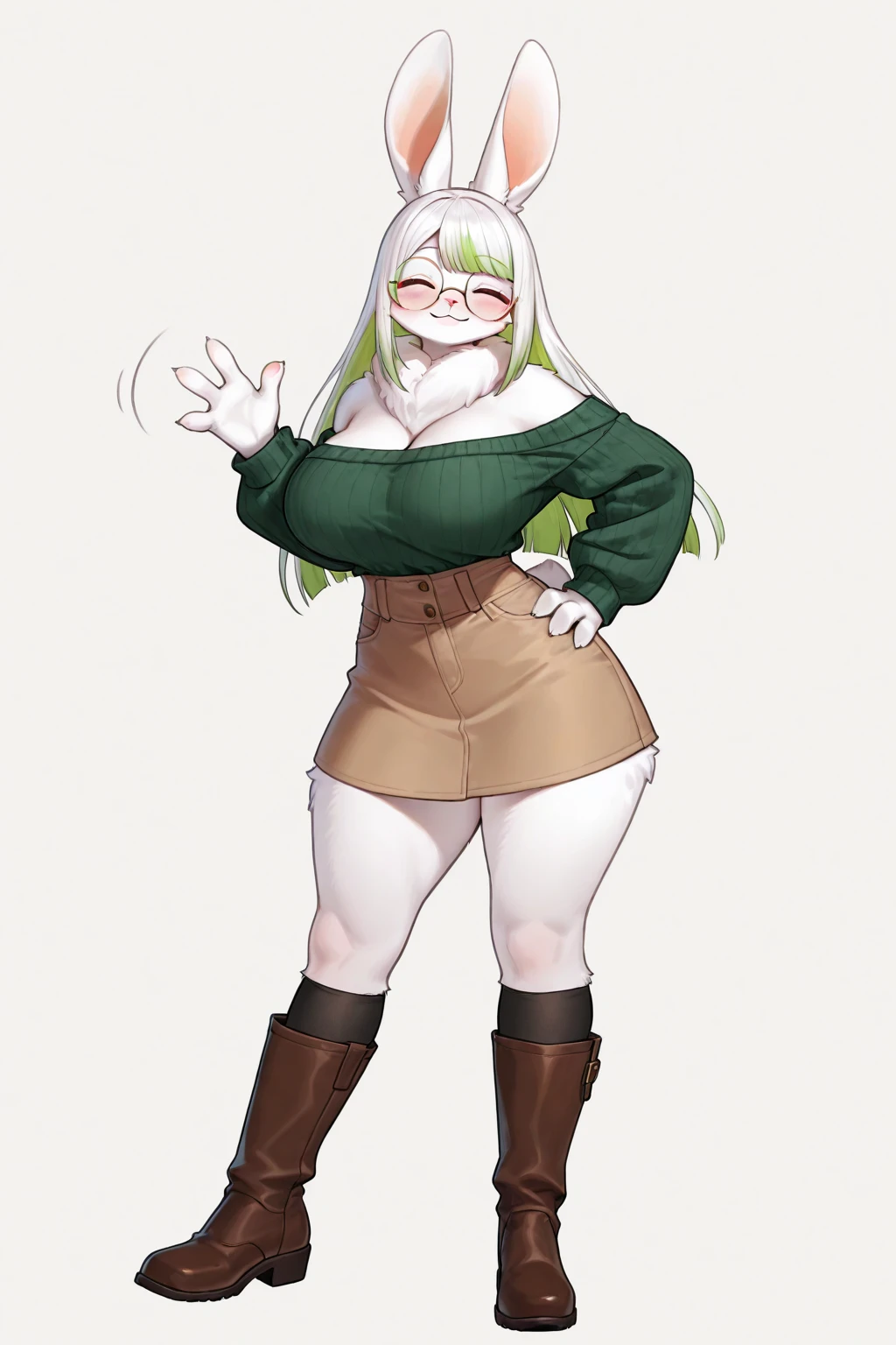 masterpiece, best quality, high quality, beautiful anime character, solo, anime girl with green hair, long hair, elf ears, purple eyes, big breasts, mature female, big girl, thick, light smile, outdoors, almost full body, (grey turtleneck sweater), dark pleated skirt, white thighhighs, (flower on head), 