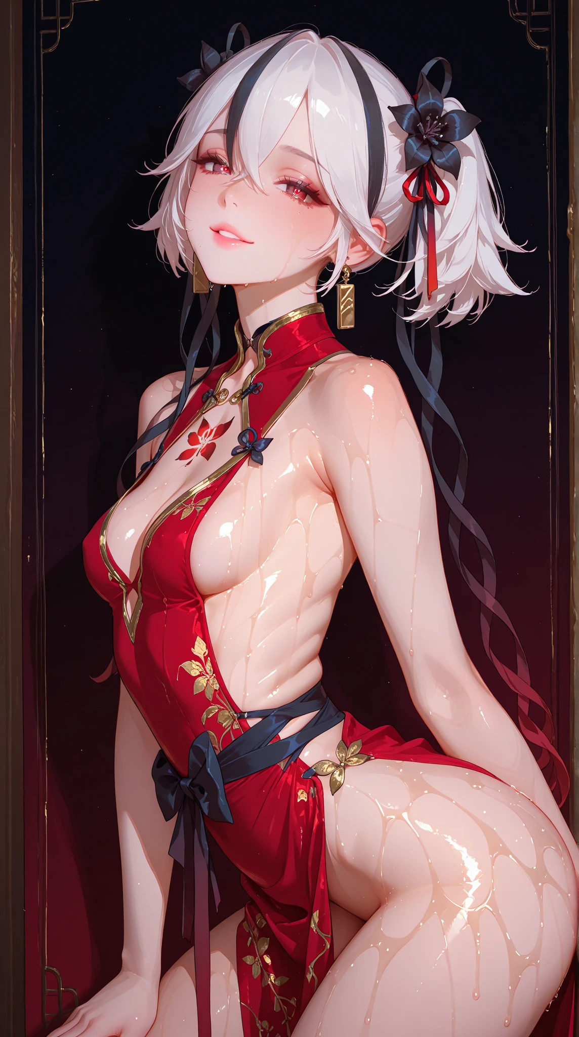 8K, Ultra High Definition, Super detailed, Shiny detailed hair, detailed face, fantasy landscape, solo, looking at viewer, {{best quality}}, {{masterpiece}}, {{ultra-detailed}}, {detailed light}, ultra high quality eyes, detailed eyes, perfect eyes, large eyes, detailed red eyes, white hair, long hair, beautiful, skinny body, white skin, slutty, erotic, blushing, open mouth, ahegao, ((sexy tattoo)), ((large gift ribbon covering the body)), standing in suggestive pose, nsfw