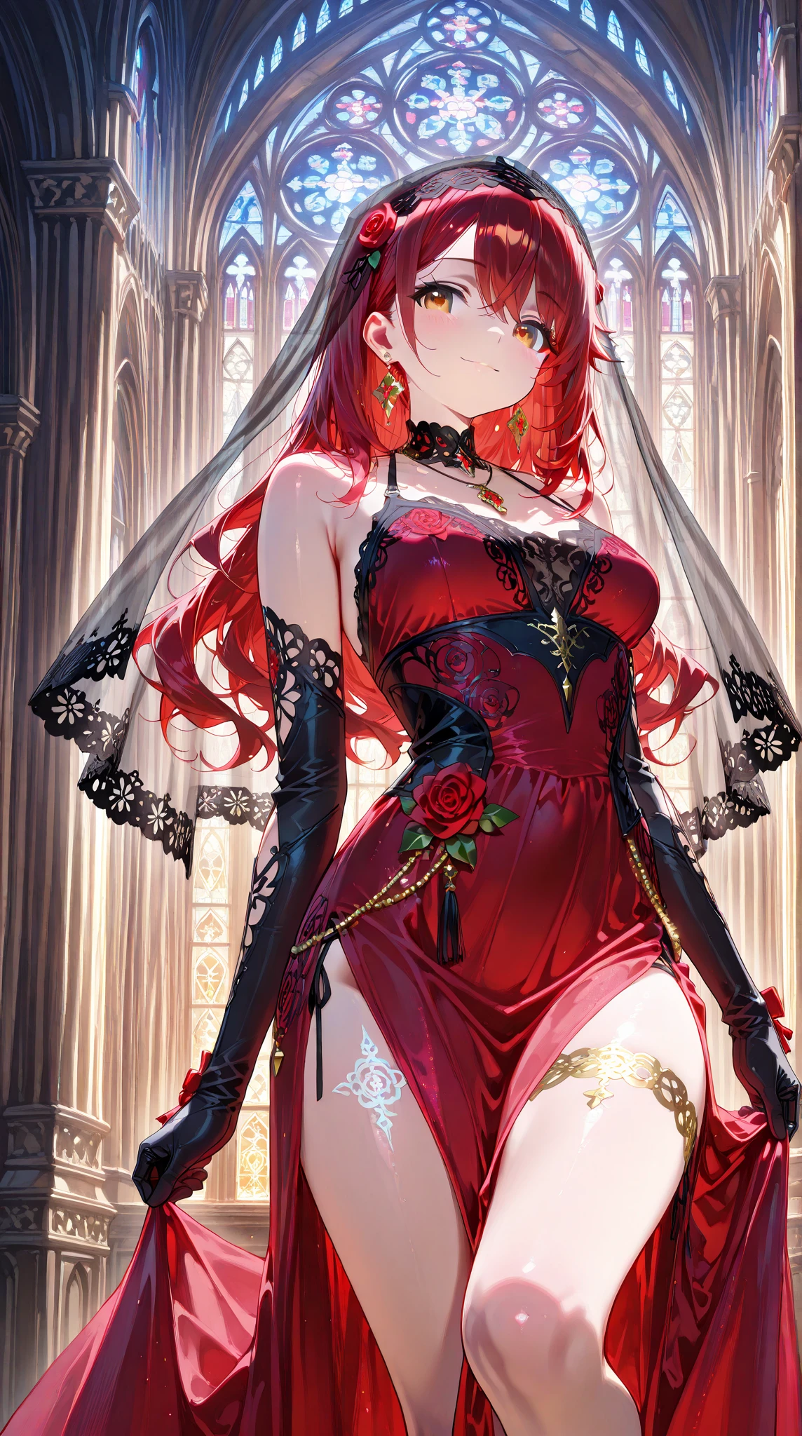 "((Rosaria Genshin Impact)), ultra high res, best quality, 8k resolution, 1girl, ray tracing, intricate details, (simple) and pretty background, vivid roses, (stunning) red hair, (huge breasts), wide hips, (piercing) red eyes, nun in an intricate pose.", BalenciagaStyle