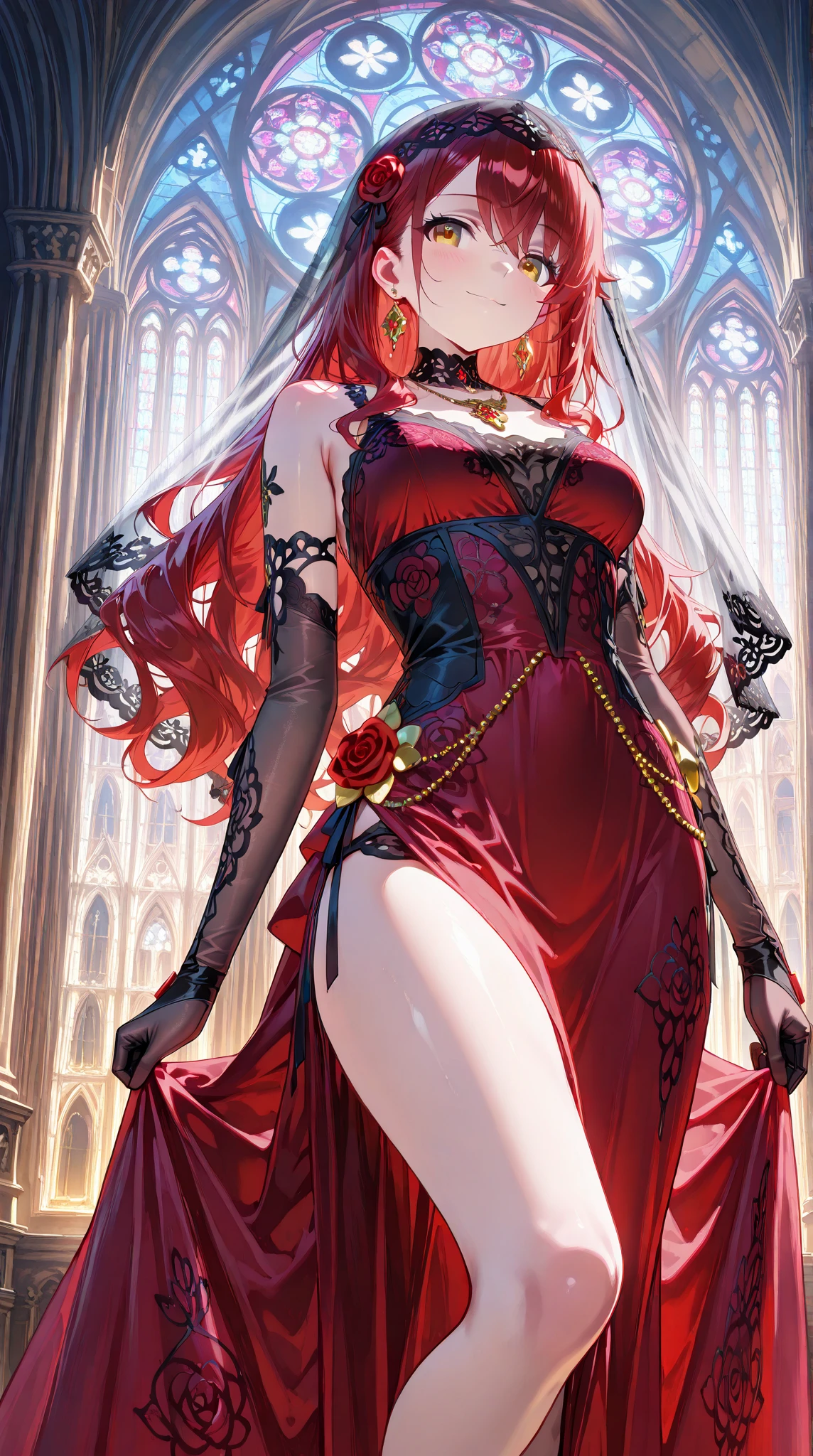 (masterpiece), best quality, expressive eyes, perfect face, elesis, bare shoulders, black gloves,(big breasts:1.3),cleavage,(red and black intricate ball gown :1.4),garter belt,asymmetrical leg wear,(thighhigh heels),blush,red moon scenery,rose petals in the air,(night:1.1),sexy pose,bewitching pose,standing,head tilt,cowboy shot