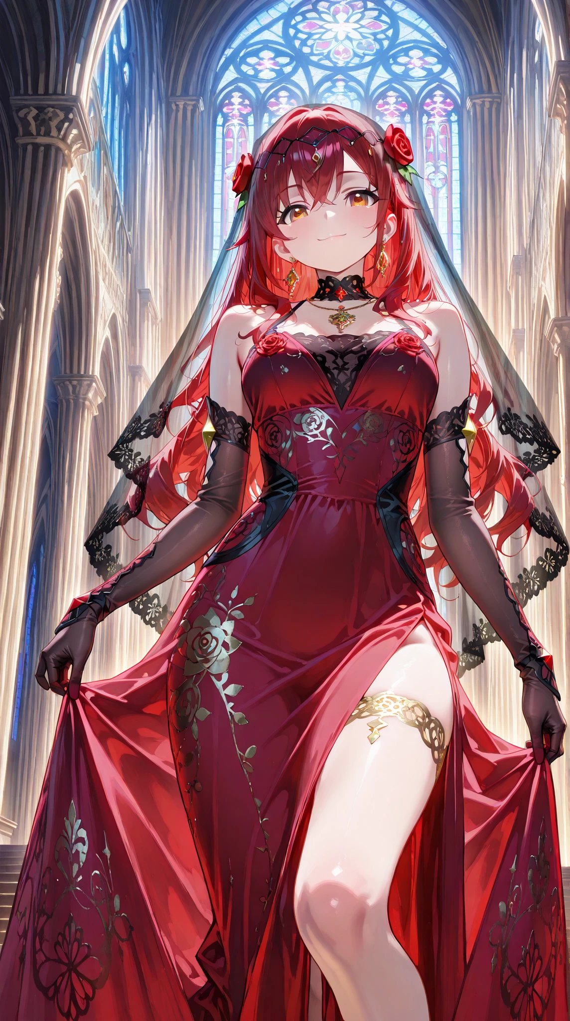 a full body devil girl who is half hidden angel with a beautiful devilish dress , has big and thick thighs with pink hairs and black and golden dress