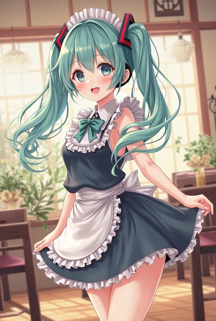 Summer vacation,(8-year-old girl:1.2),Akihabara Maid Clothing,mini skirt,Green Hair Anime Girl,(Twin tails:1.1),Small breasts