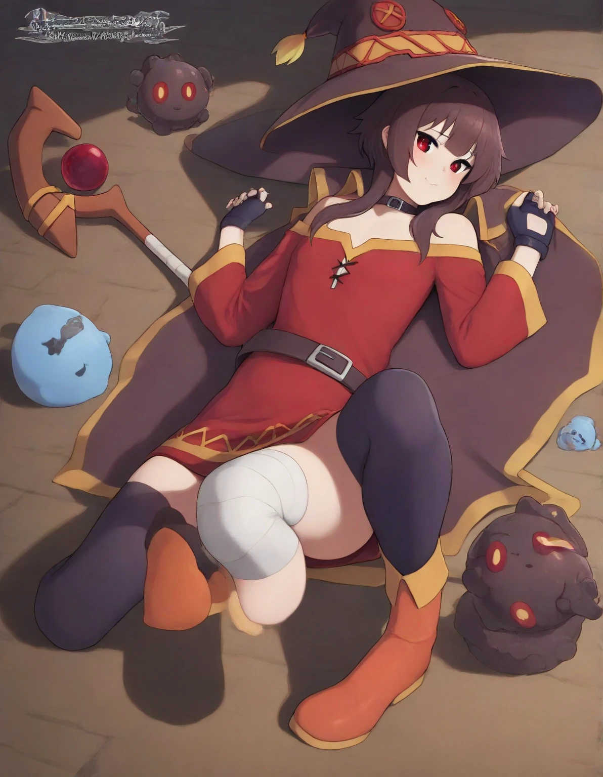 Megumin, sitting, big breasts, embarrassed, ashamed, open legs