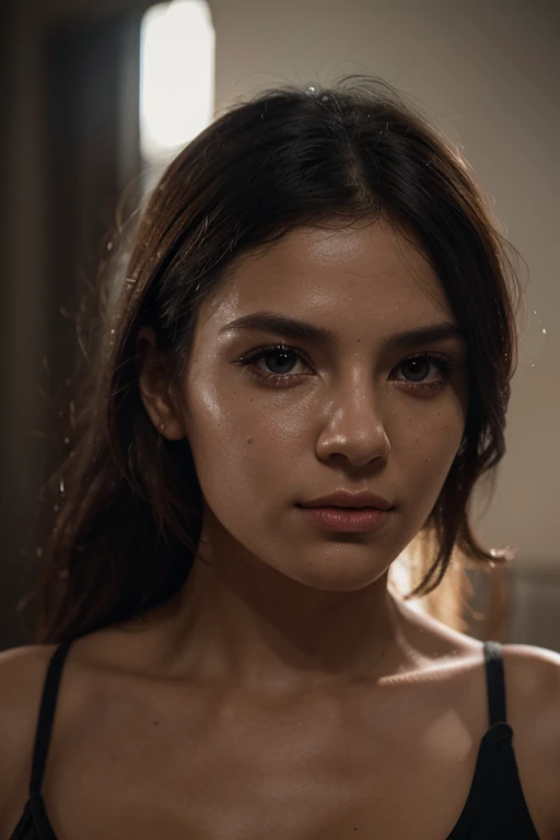 a beautiful young woman, detailed portrait, realistic, long black hair, gorgeous face, plump lips, black eyes, small nose, dimple, high quality, 8k, hyper realistic, photorealistic, cinematic lighting, dramatic lighting, warm color palette, chiaroscuro, oil painting, masterpiece, award winning, studio lighting