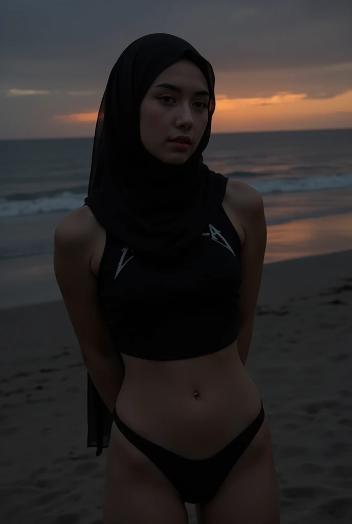 Two 20 yo woman, hijab, sweater, dark theme, soothing tones, muted colors, high contrast, (natural skin texture, hyperrealism, soft light, sharp), beach outdoor, slim body with big breast, (big size breast: 1.6) using off shoulder tight clothes, 2girl, giant , big breast, breast bigger than torso, using black hijab, gigantic breast, gigantic , using panties, sweet smiling, sitting