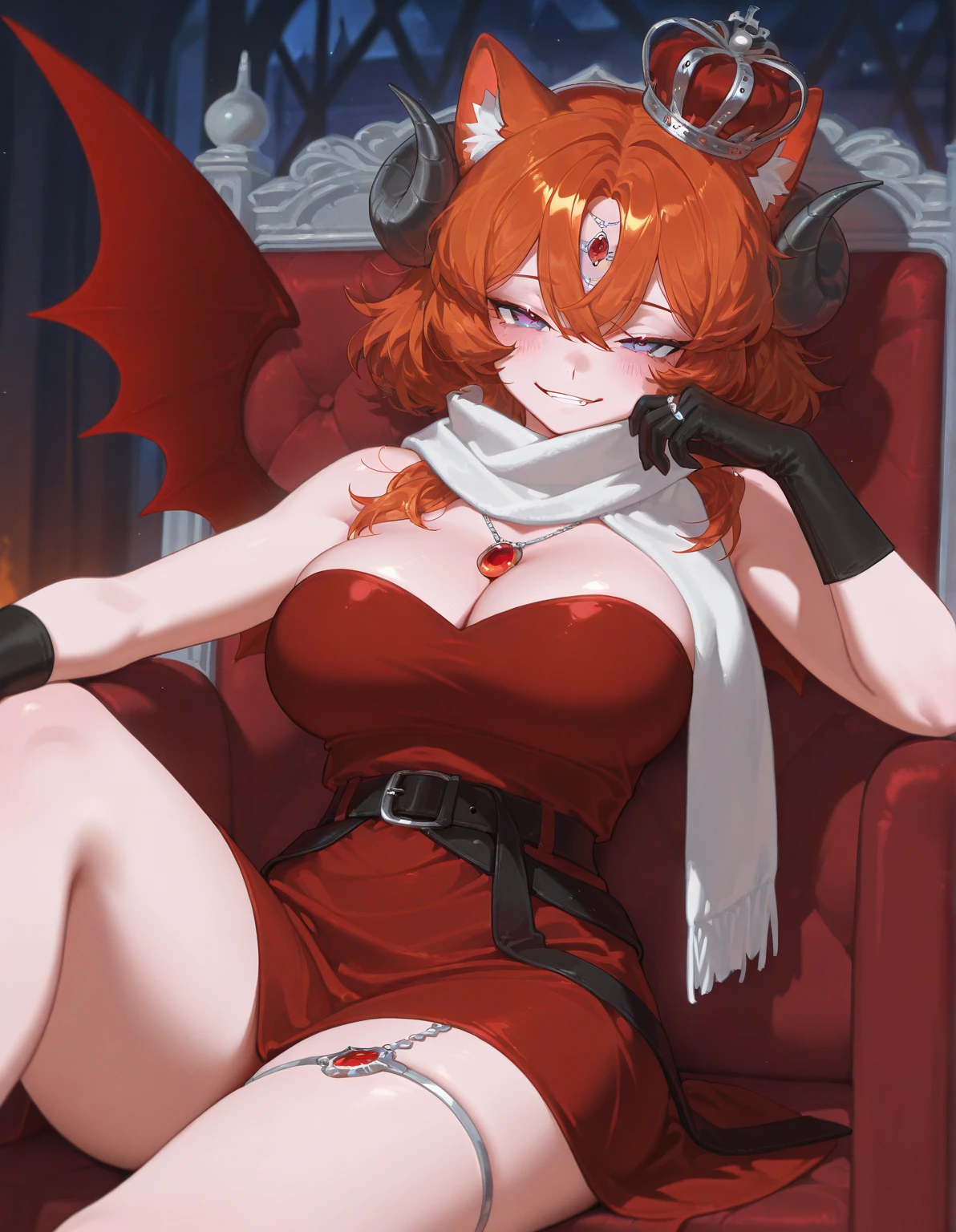 a sexy red haired warrior girl, sitting on a fur covered throne, red face, anime style, semi-naked, sexy pose, spread leg, lying, (spread --auto --s2